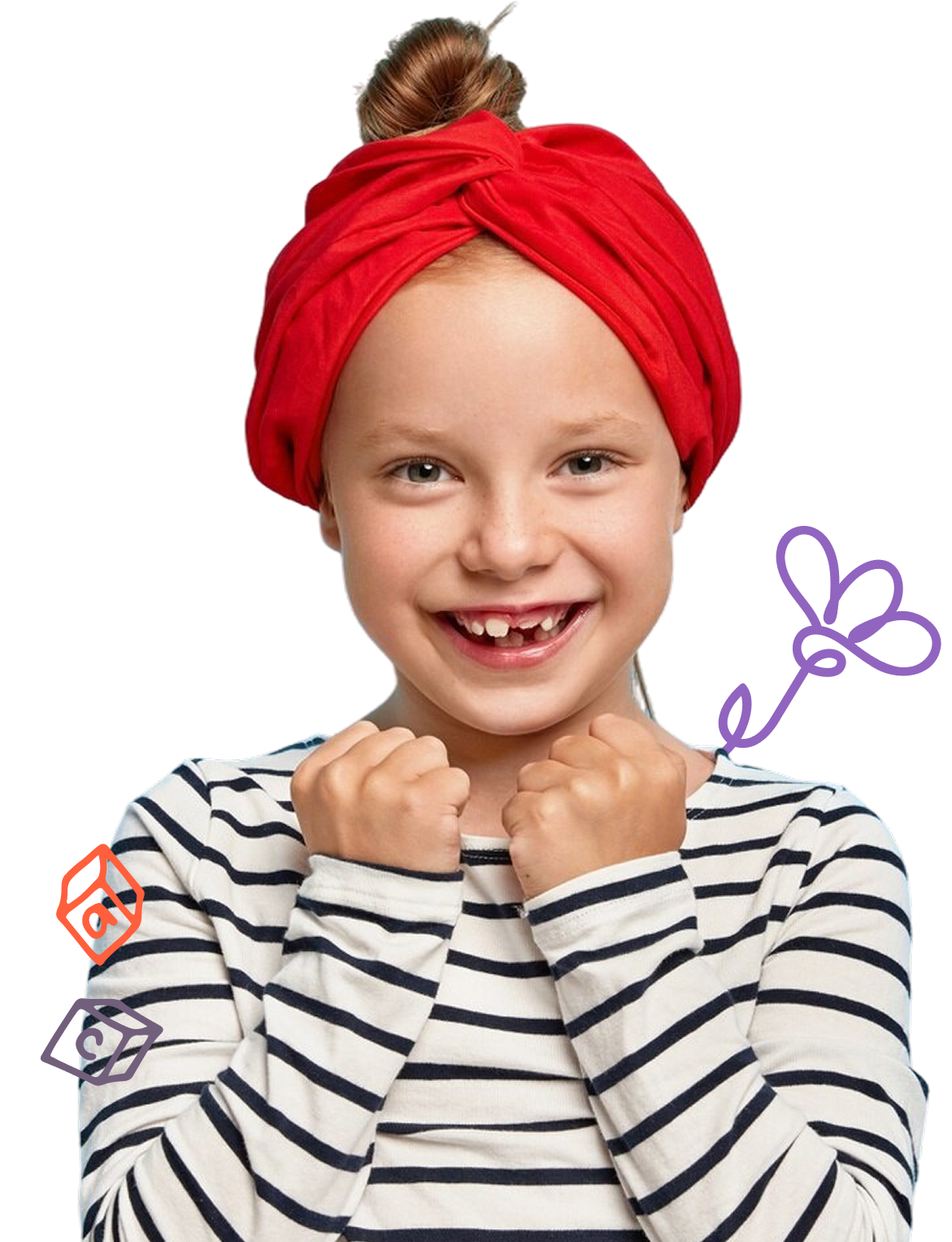 Smiling young girl with a red headwrap and striped shirt holding her fists near her chin.