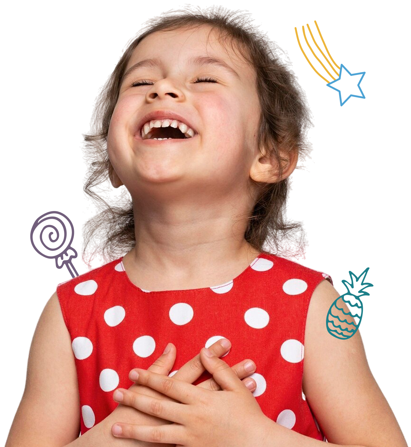 Young girl in a red dress with white polka dots laughing joyfully with hands crossed on her chest.
