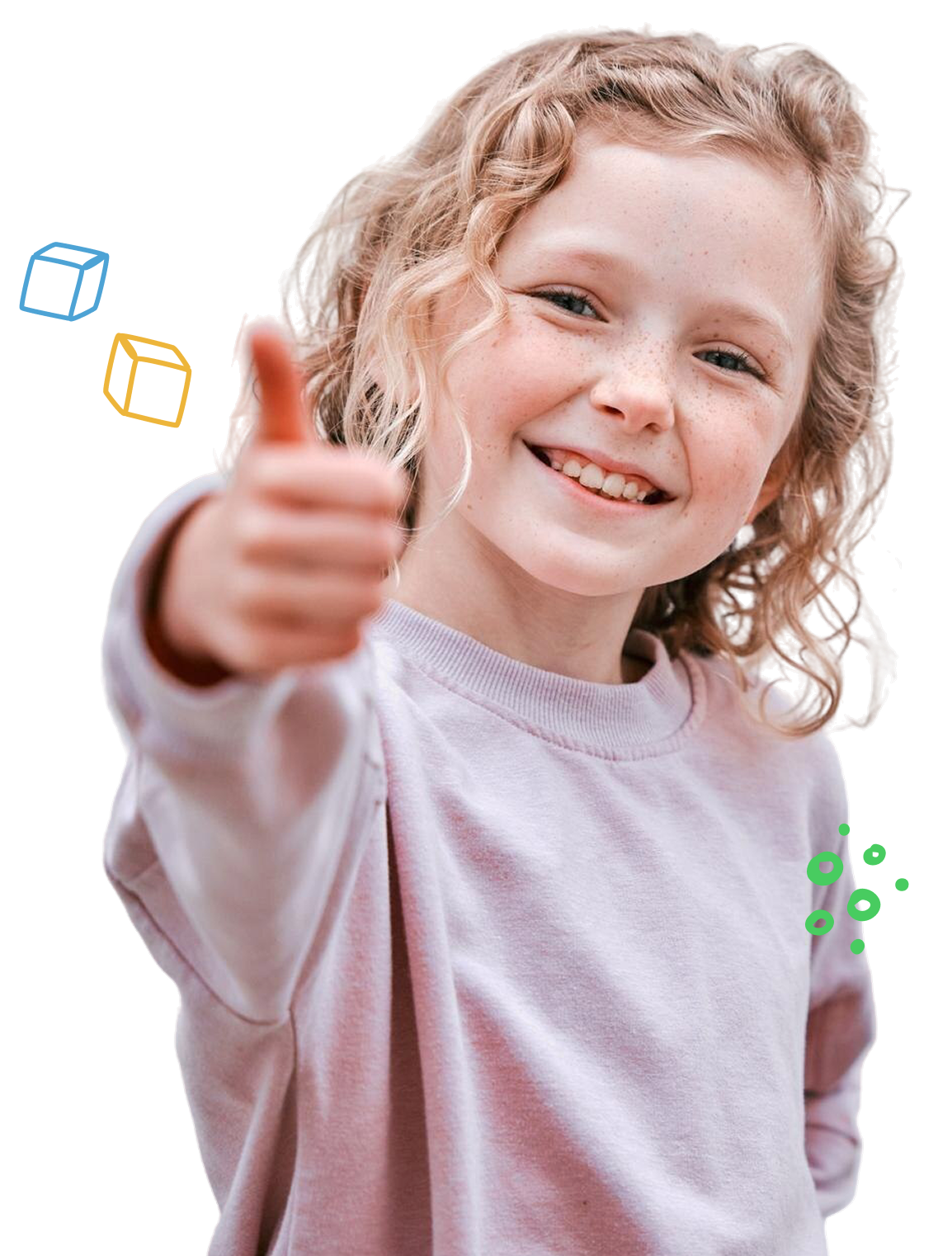 Smiling young girl with curly hair giving a thumbs-up gesture, wearing a light purple sweatshirt.