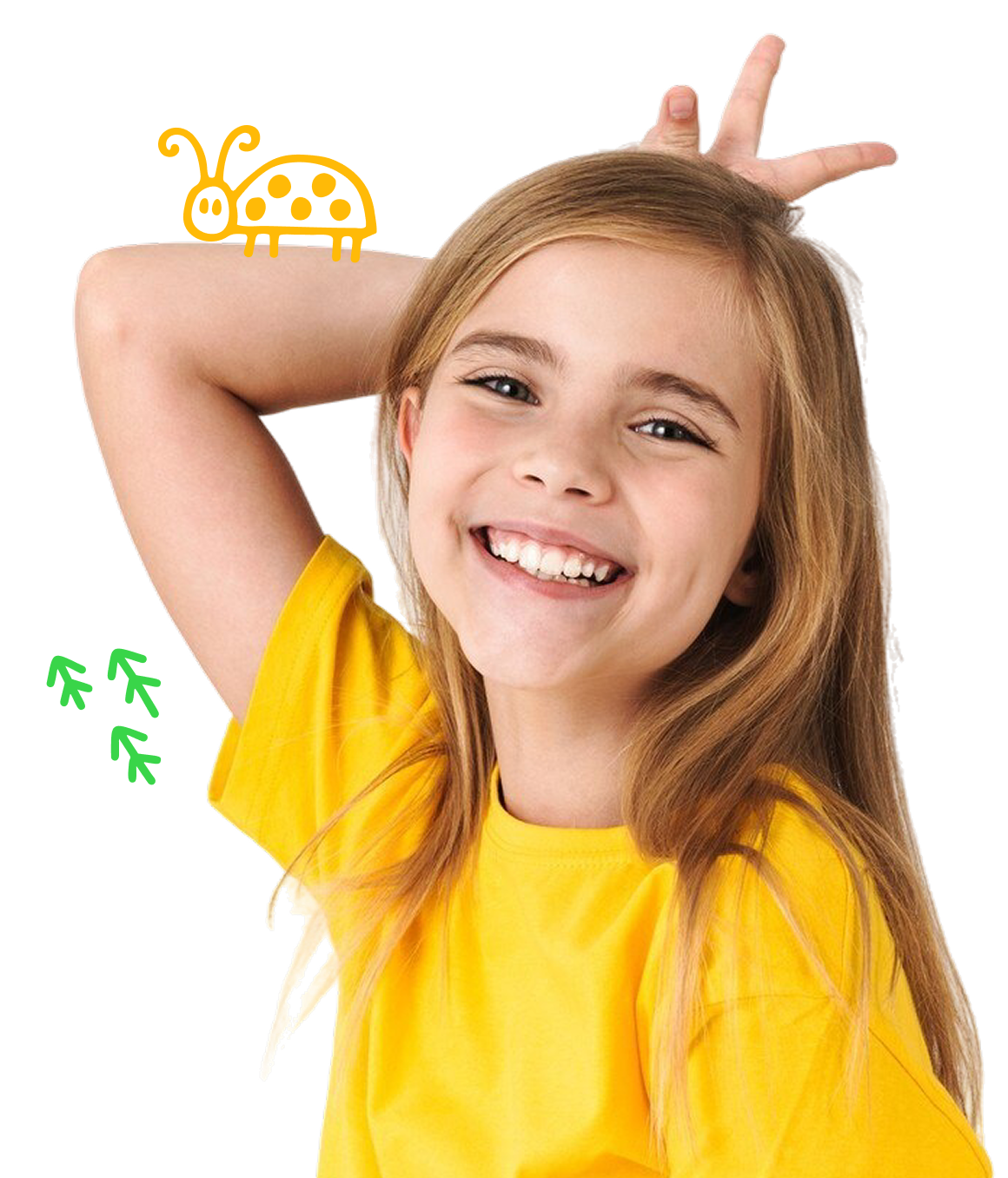 Smiling young girl with long blonde hair wearing a yellow shirt and playfully making bunny ears behind her head.