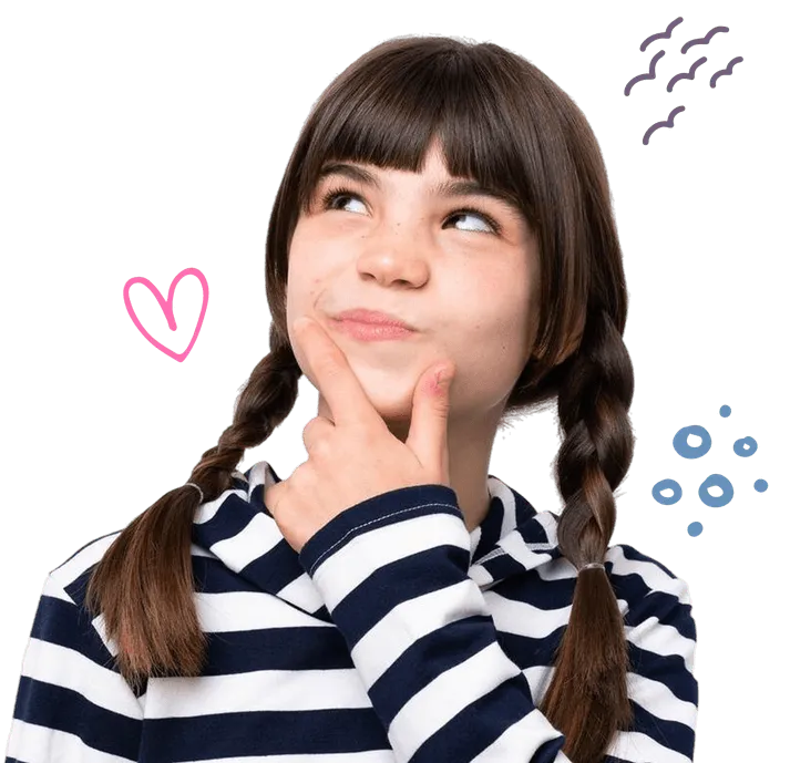 Girl with brown braided hair and striped hoodie looking up thoughtfully with hand on chin, surrounded by doodles.