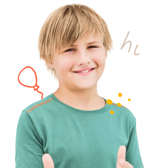 Smiling blond boy in a green shirt with drawn orange balloon and yellow dots around him.