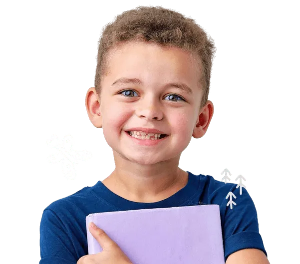Smiling young boy with curly hair holding a purple book against a black background with white doodles of a butterfly and trees.