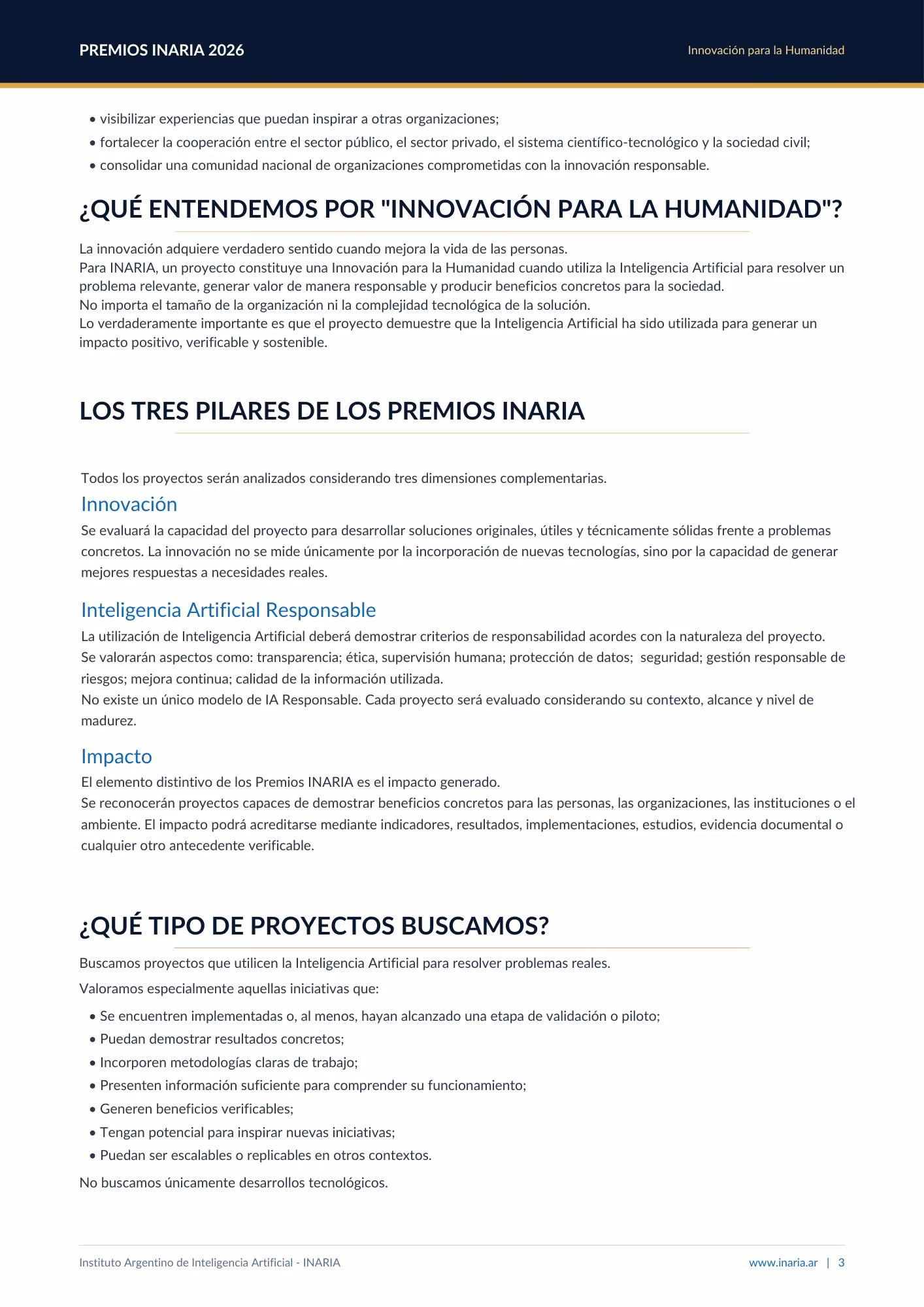 Página que describe los premios INARIA 2026 y sus pilares: innovación, IA responsable e impacto.