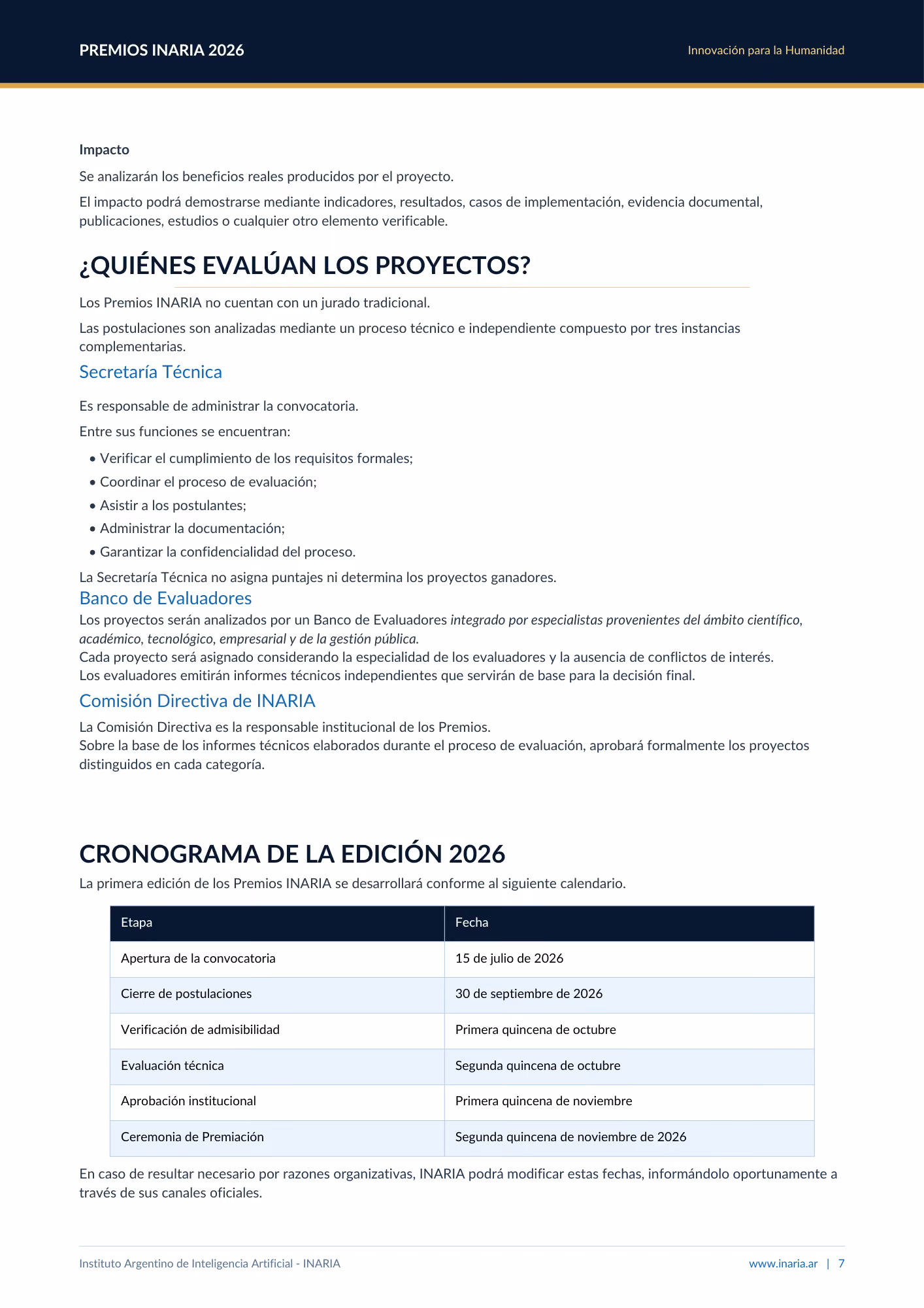 Página con detalles sobre evaluación y cronograma de los Premios INARIA 2026 con calendario de fechas clave.
