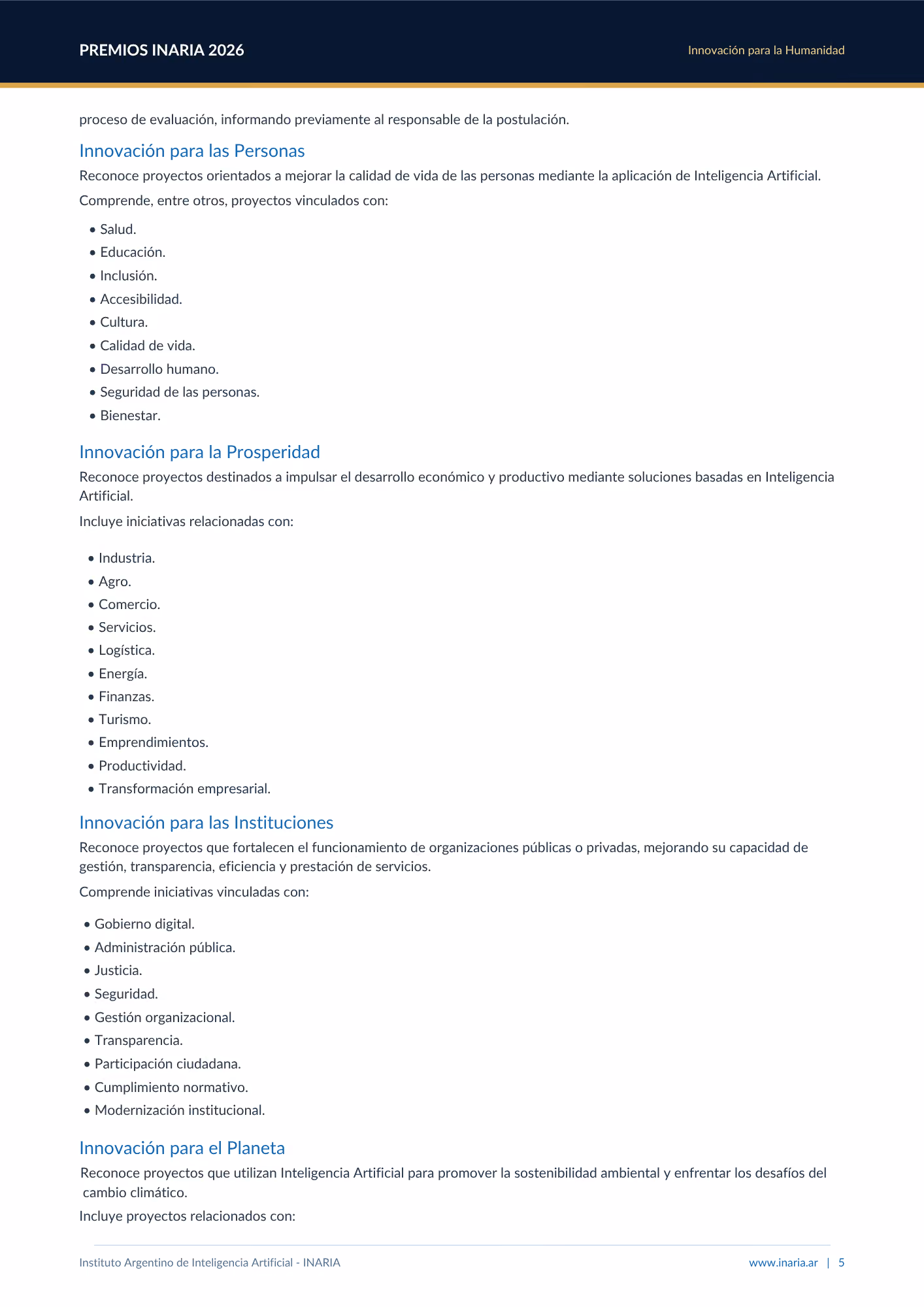 Página con texto sobre categorías de premios INARIA 2026 para innovación en personas, prosperidad, instituciones y planeta.