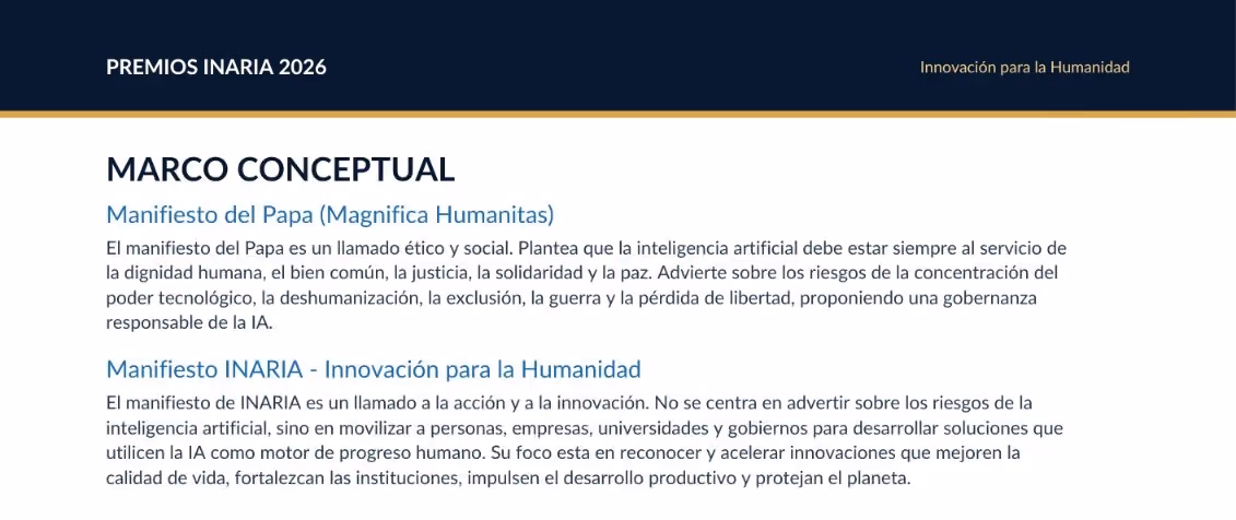 Texto sobre el Marco Conceptual de los Premios INARIA 2026 con manifiestos éticos y de innovación AI.