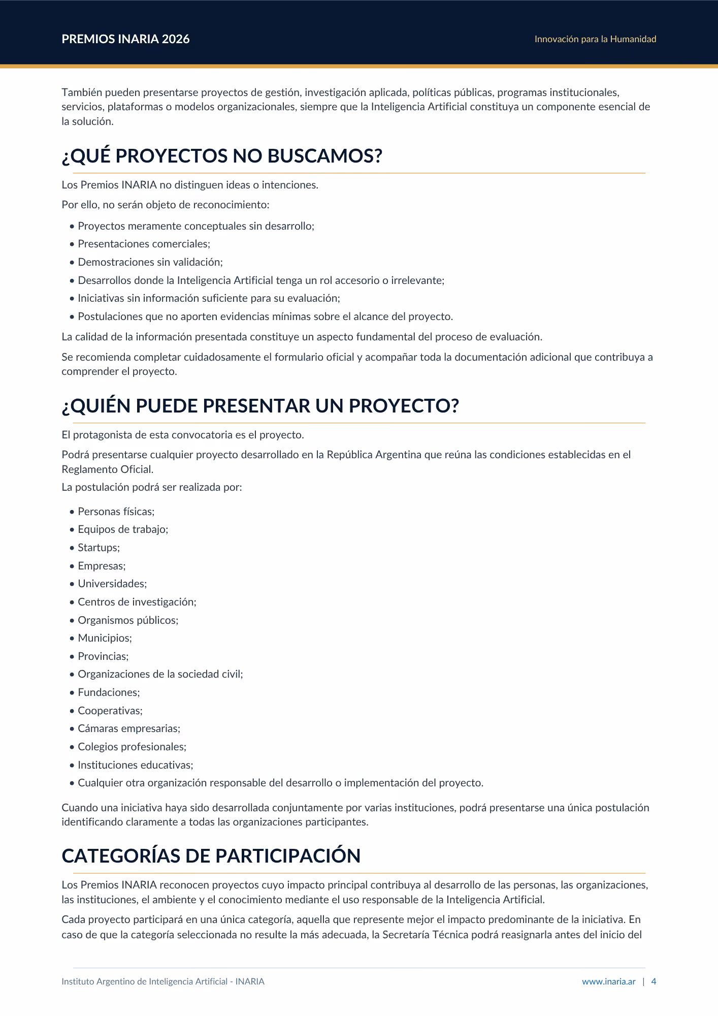 Página con texto en español sobre proyectos no buscados y participantes elegibles en Premios INARIA 2026.