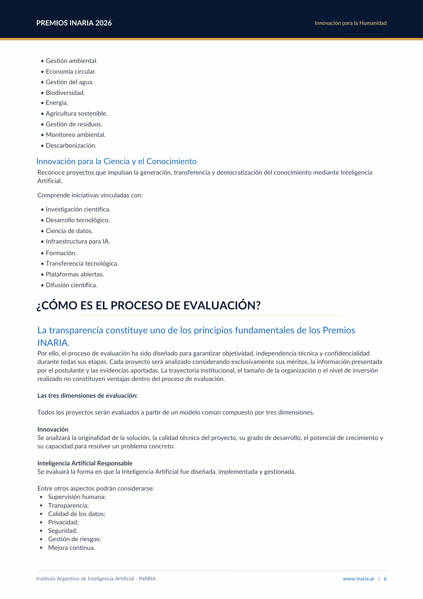 Texto sobre Premios INARIA 2026, innovación, gestión ambiental y proceso de evaluación transparente.
