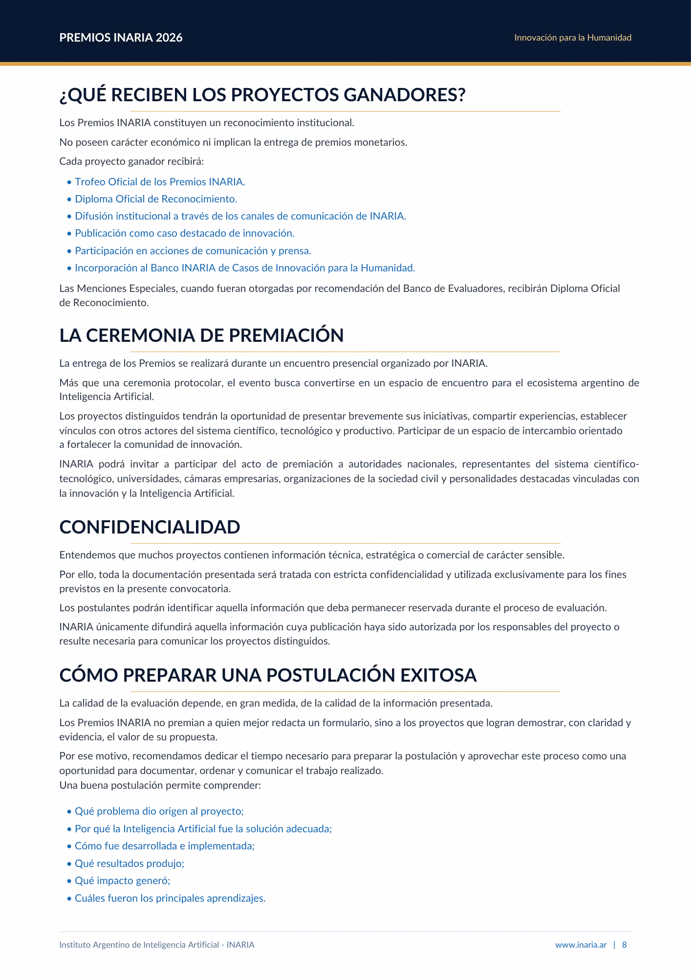 Texto sobre premios INARIA 2026 con detalles de premios, ceremonia, confidencialidad y preparación de postulaciones.