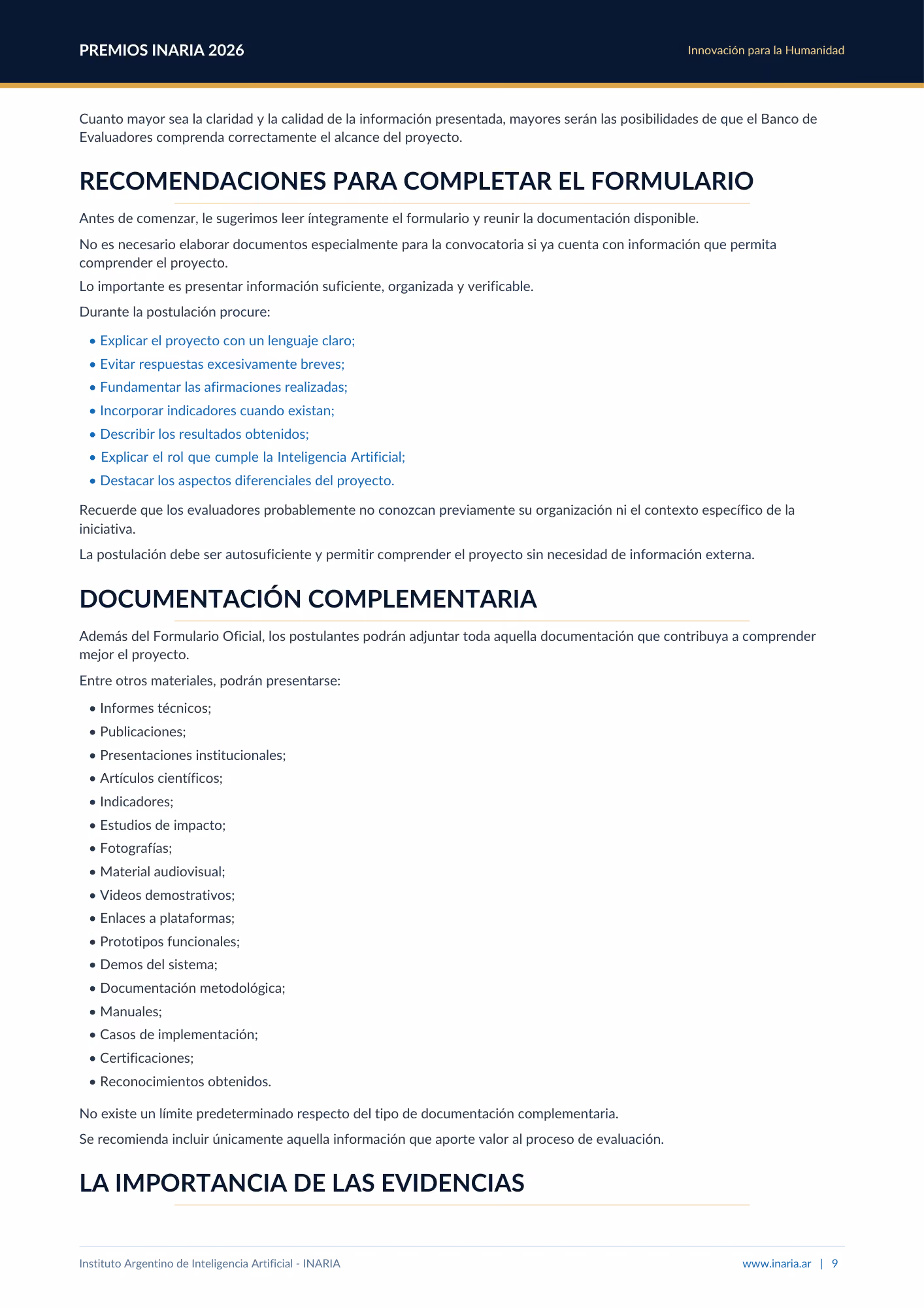 Página con recomendaciones para completar formularios y documentación complementaria para Premios INARIA 2026.