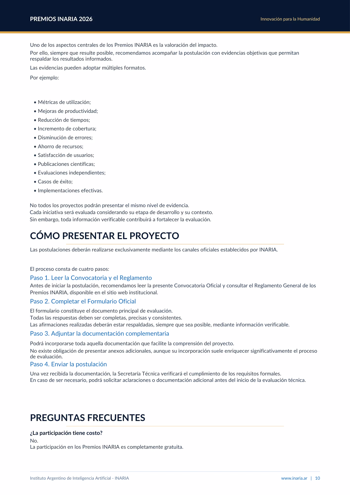 Instrucciones y pasos para presentar proyectos en los Premios INARIA 2026, con preguntas frecuentes.