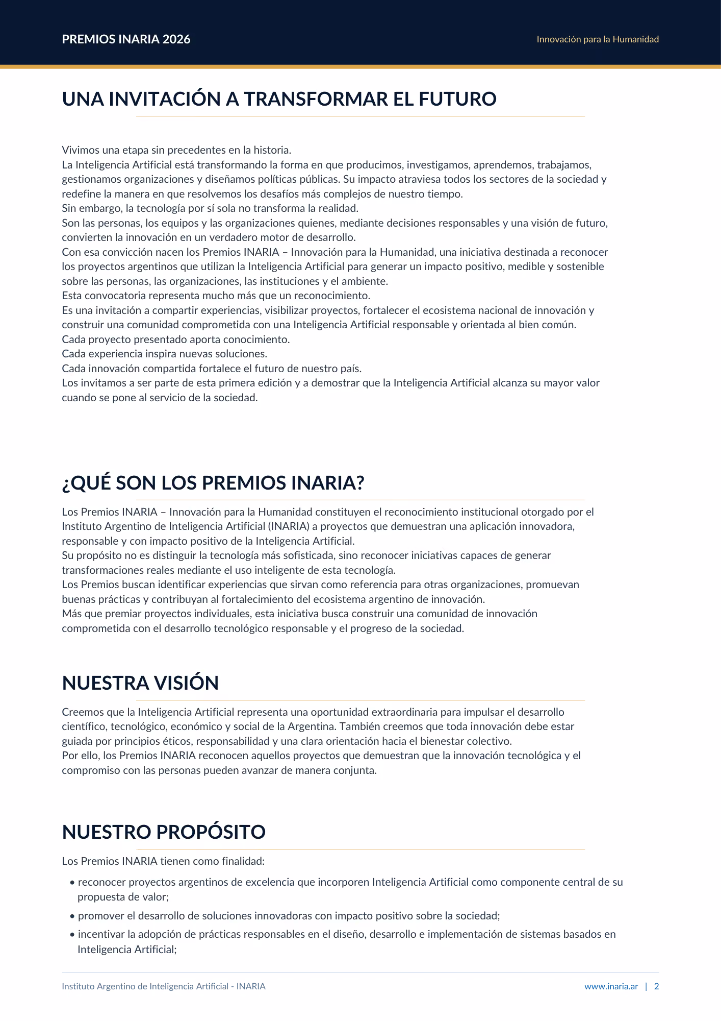 Texto explicativo de los Premios INARIA 2026 sobre innovación, visión, propósito y reconocimiento en IA en Argentina.