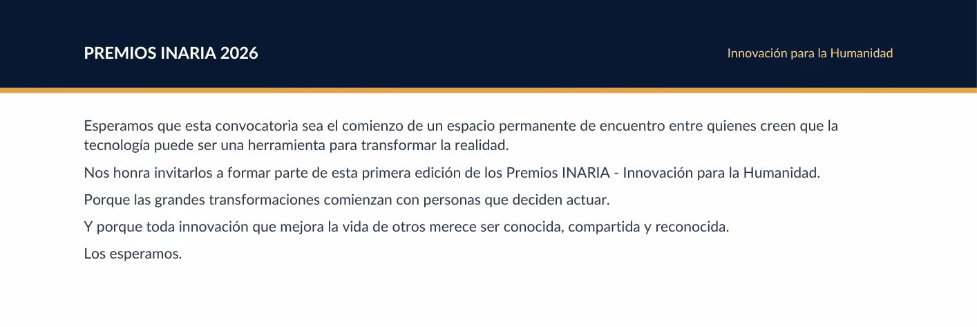 Texto que invita a participar en los Premios INARIA 2026 para innovación y tecnología al servicio de la humanidad.