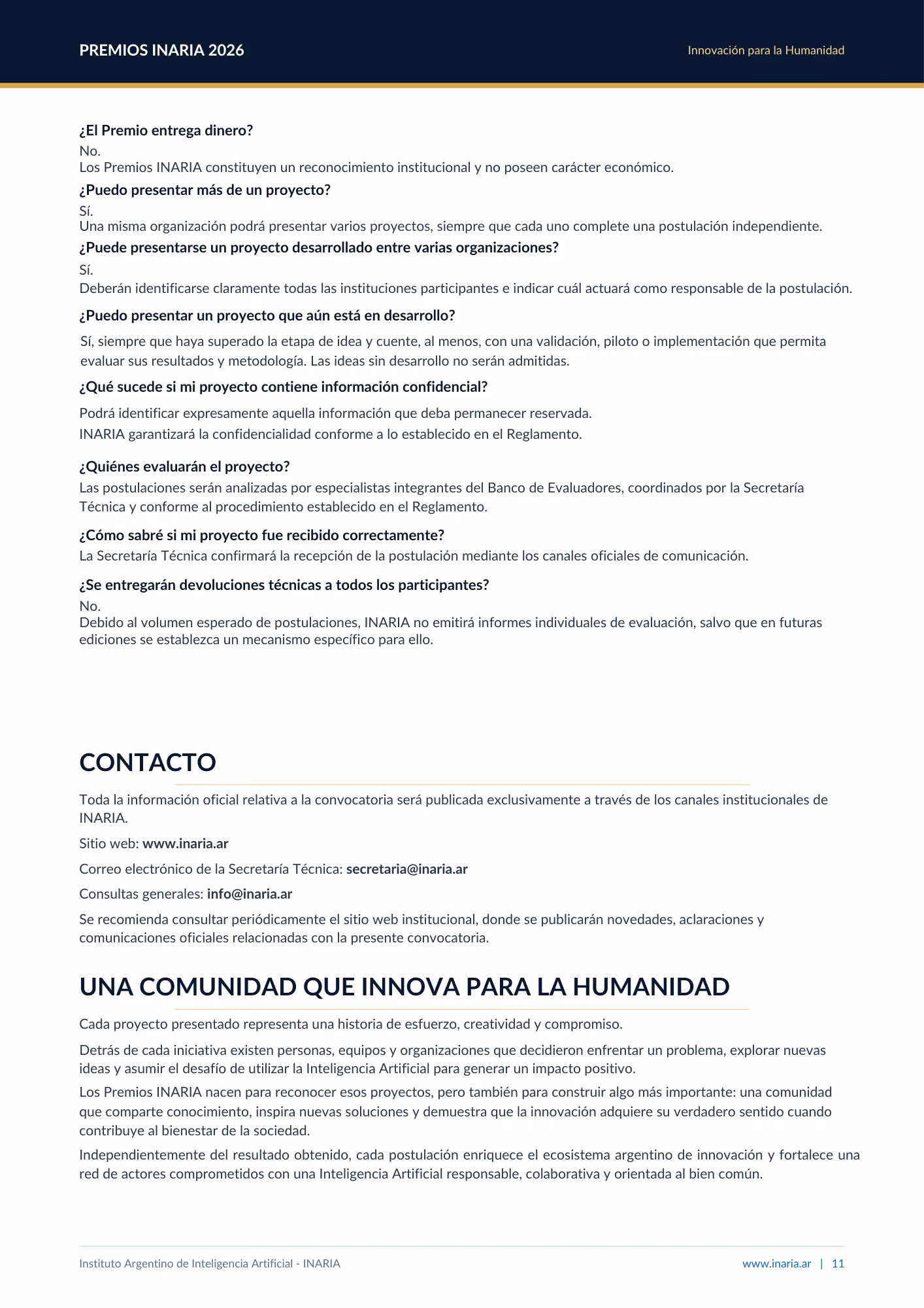 Página con preguntas frecuentes y contacto de los Premios INARIA 2026 sobre proyectos e inteligencia artificial.