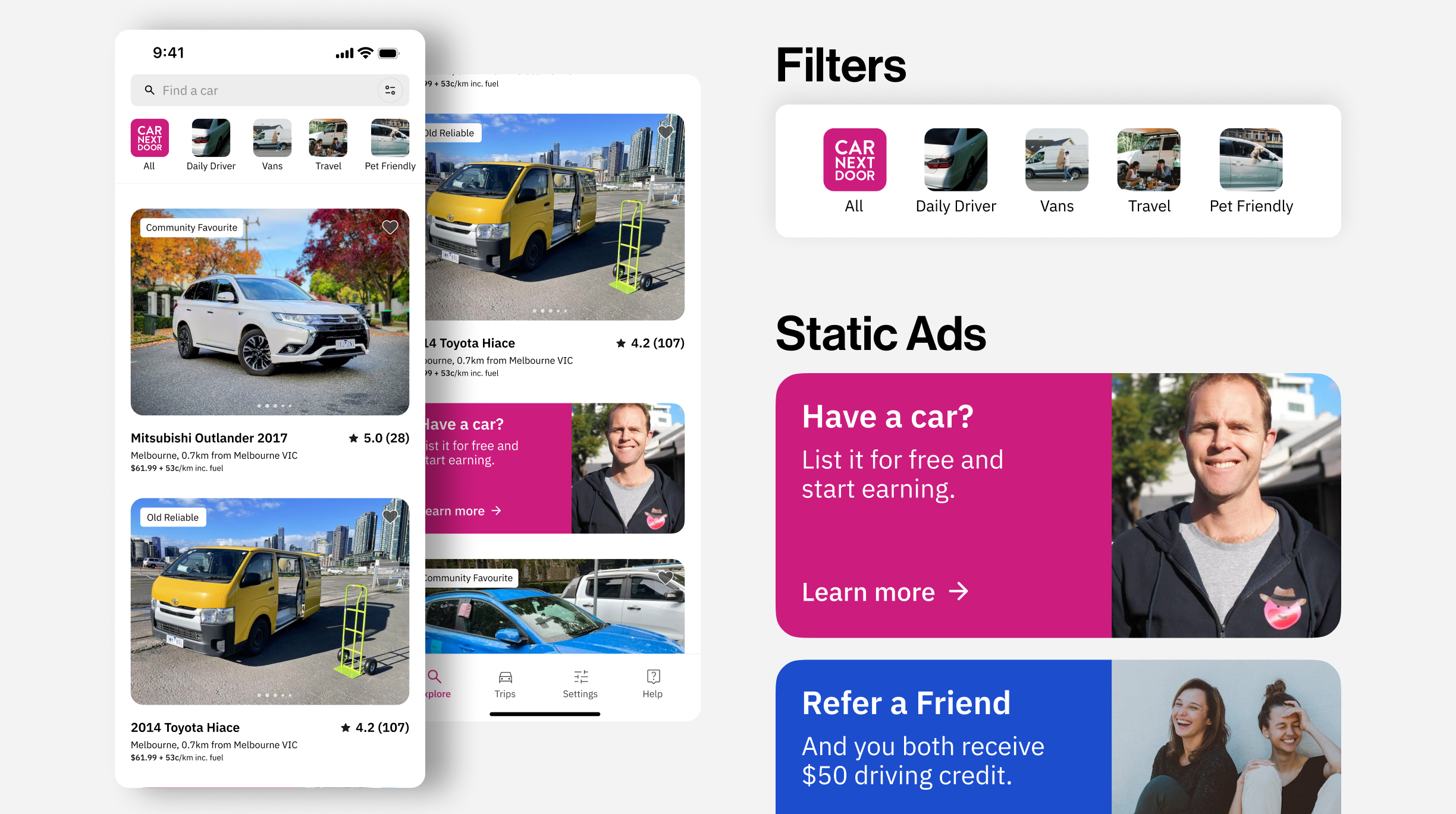 Redesigned home screen with vehicle filters