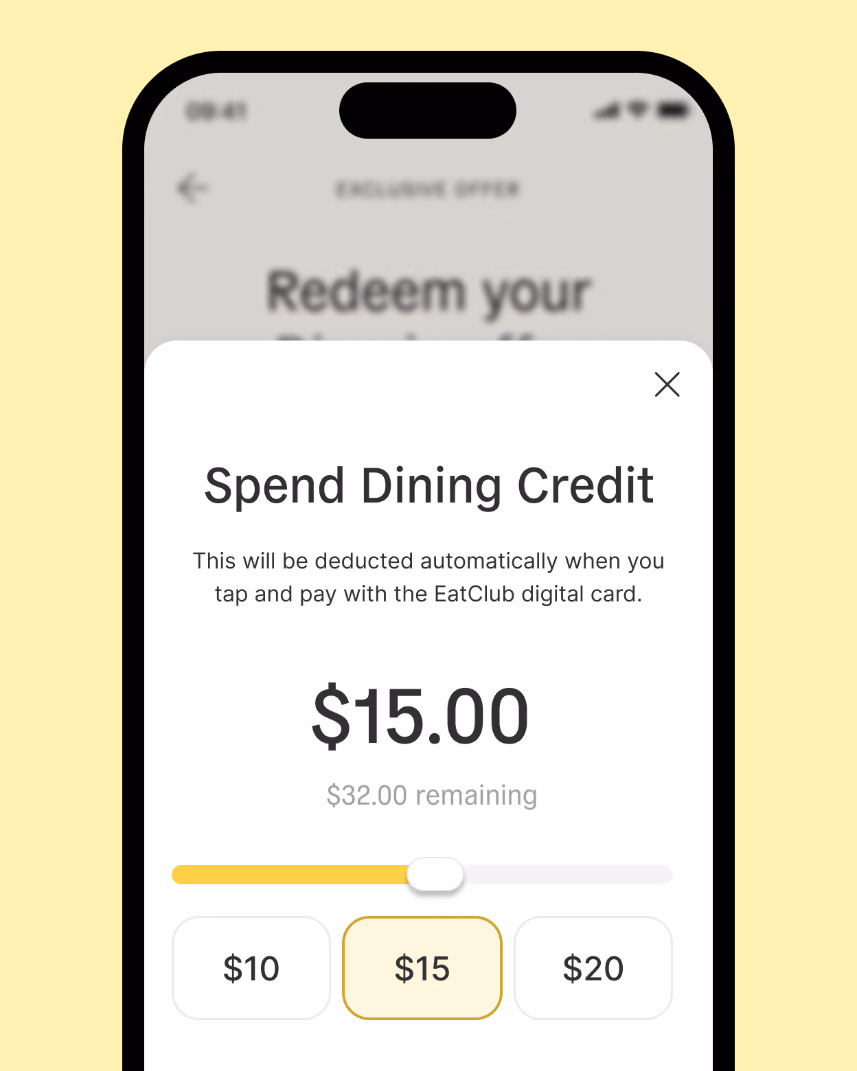 The spend side: choosing $15 of Dining Credit to come off the bill automatically when paying with the EatClub card