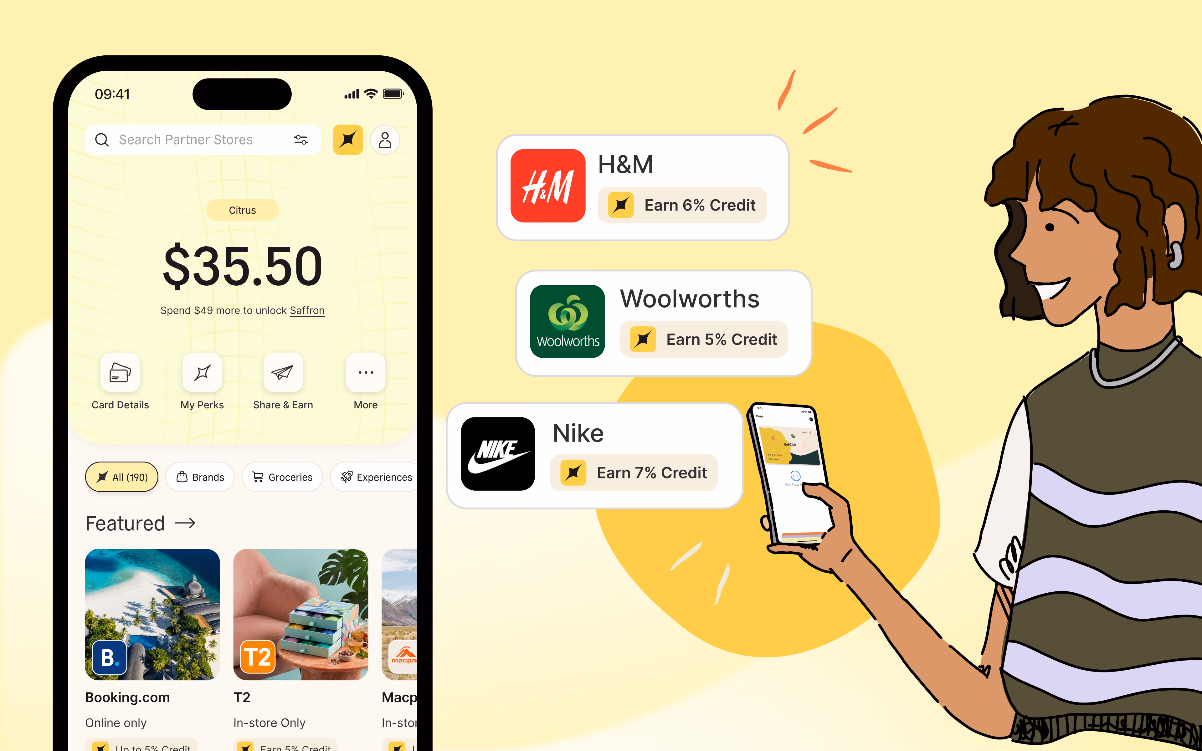 The EatClub Earn Tab: a credit balance of $35.50 beside partner offers from H&M, Woolworths and Nike