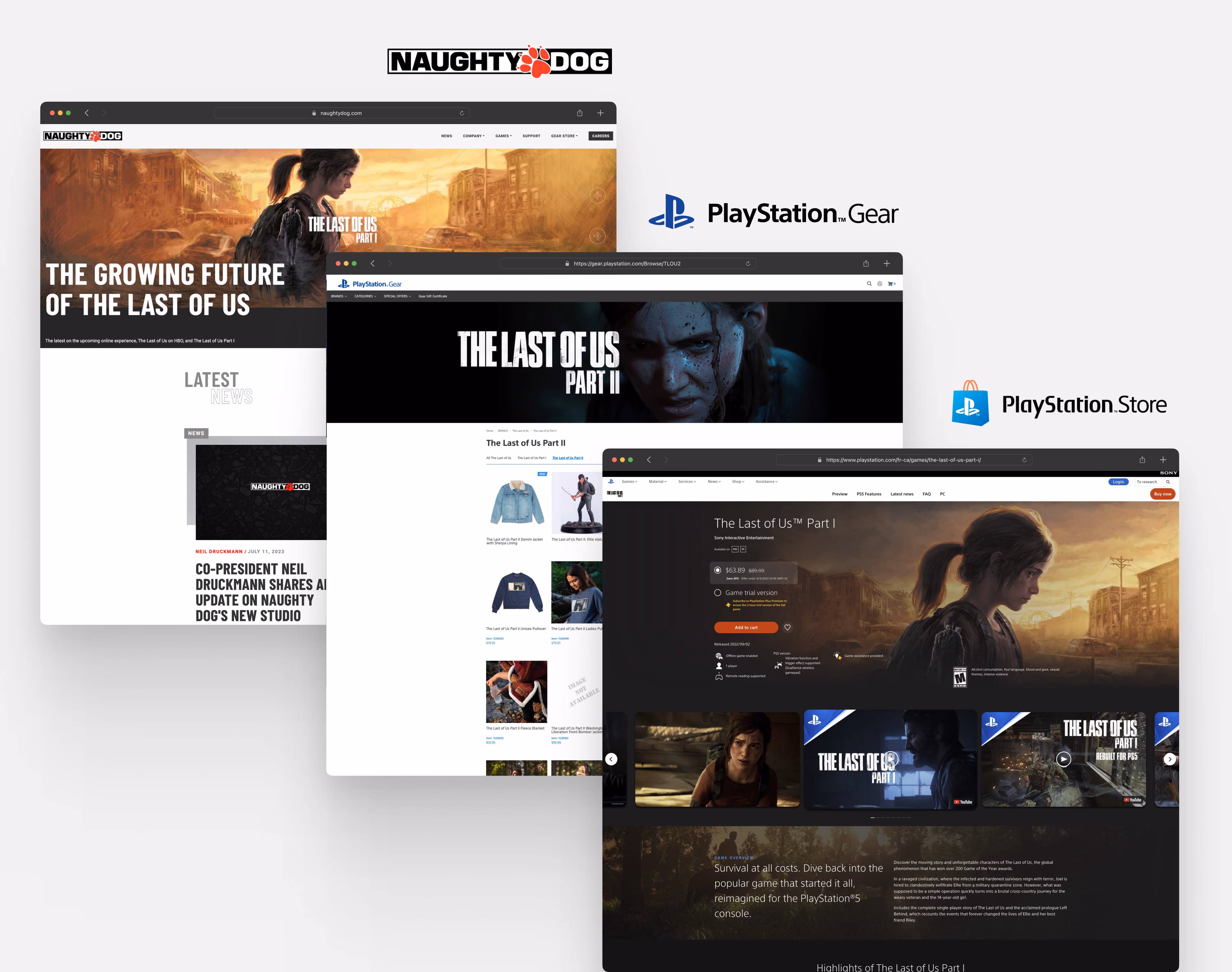 The 2023 naughtydog.com homepage and About page: polished key art up front, with little behind it.