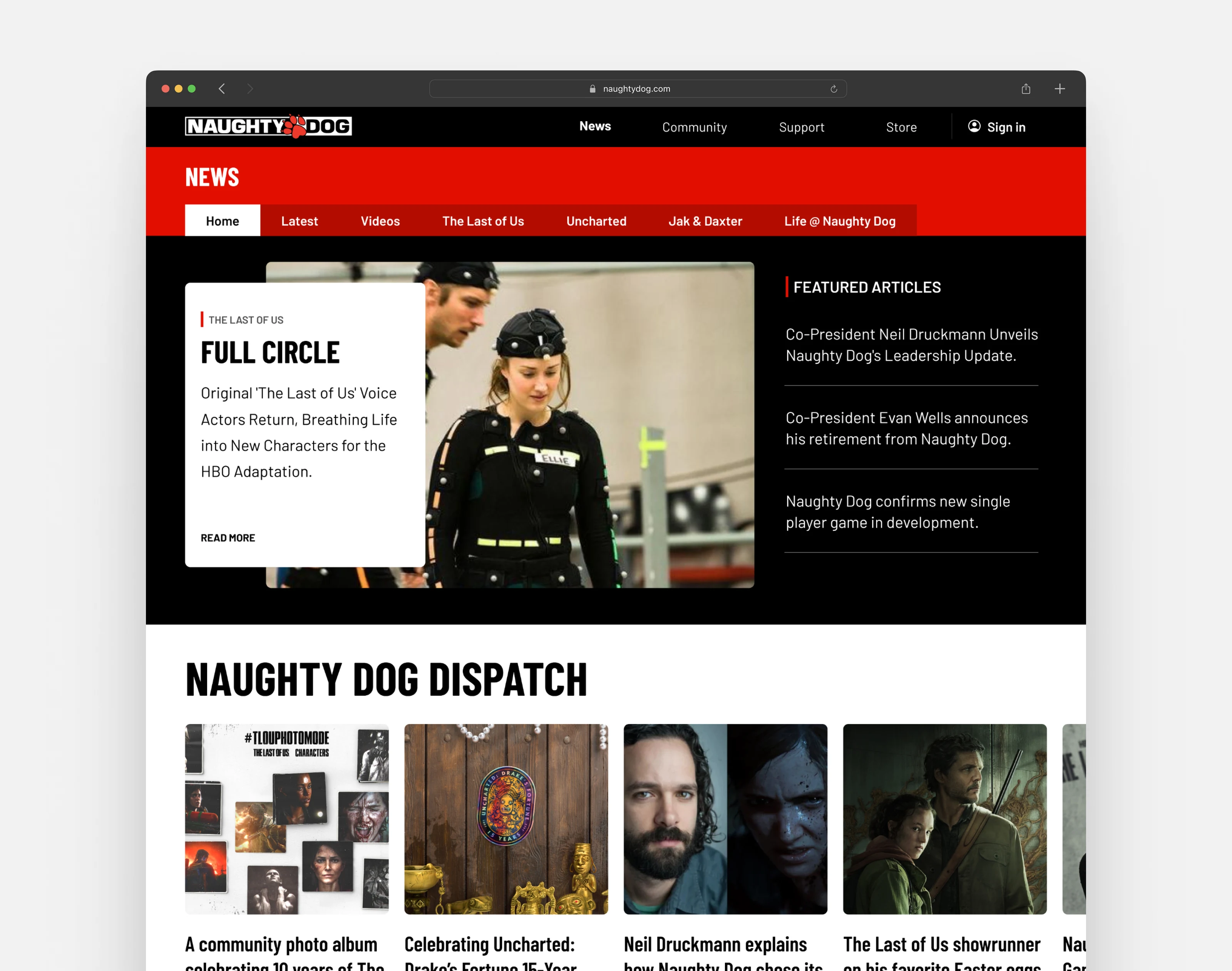 Naughty Dog Dispatch news hub: a featured story from the studio up top, featured articles alongside, and a Dispatch feed filtered by title below.