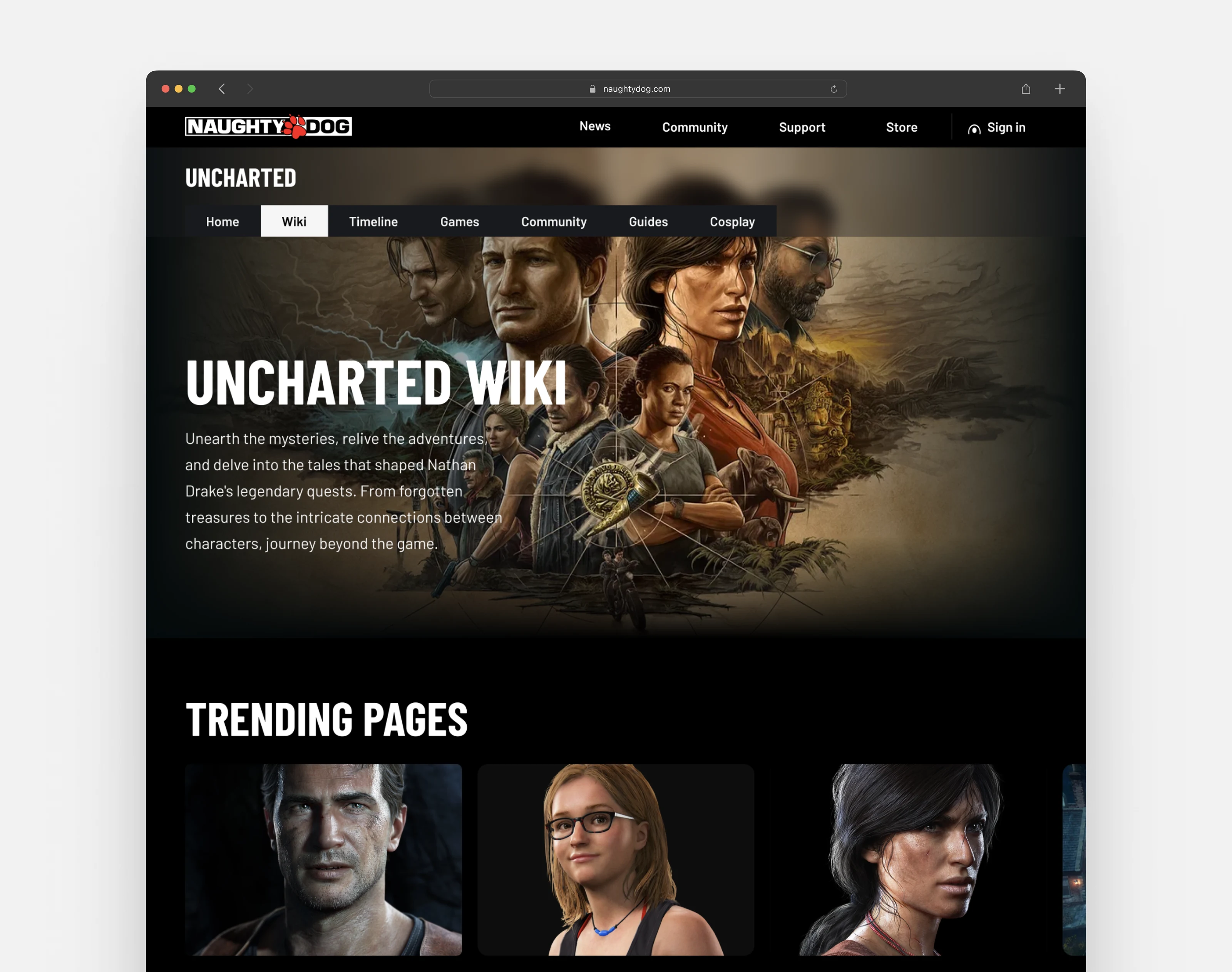 The Uncharted Wiki: an official lore hub with character key art and trending pages for Nathan Drake, Cassie and Chloe.