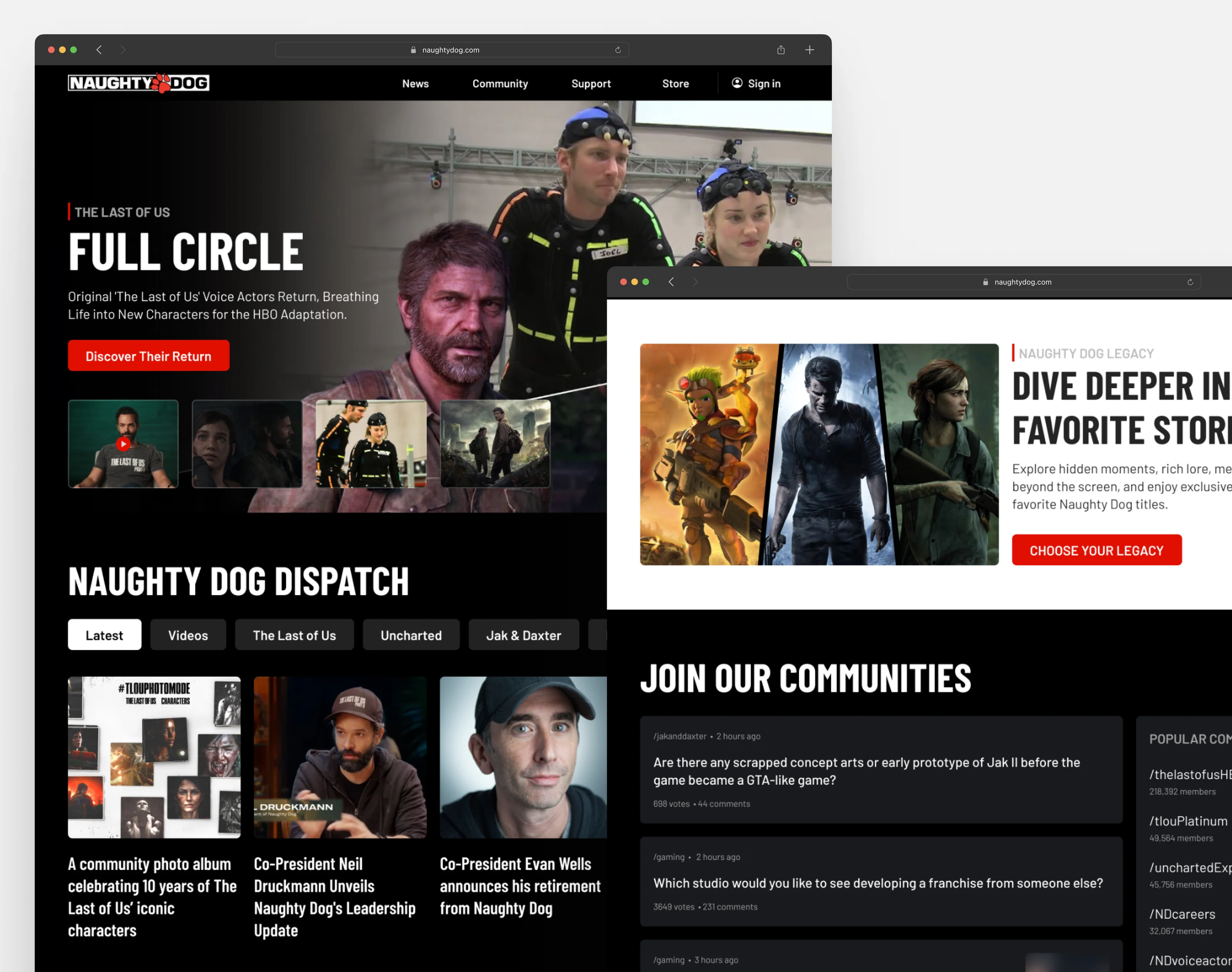 The redesigned naughtydog.com homepage: a Full Circle feature up top, the Dispatch feed filtered by title, a Choose Your Legacy entry to each world, and official communities below.