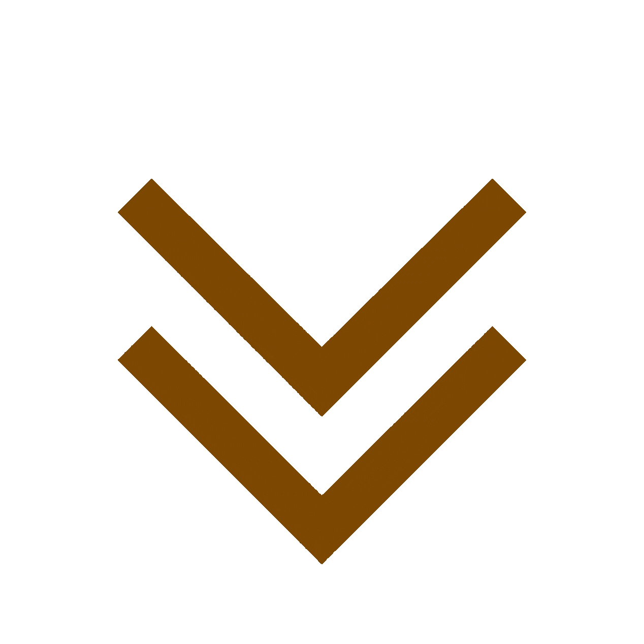 Two downward-pointing orange chevrons on a brown background.