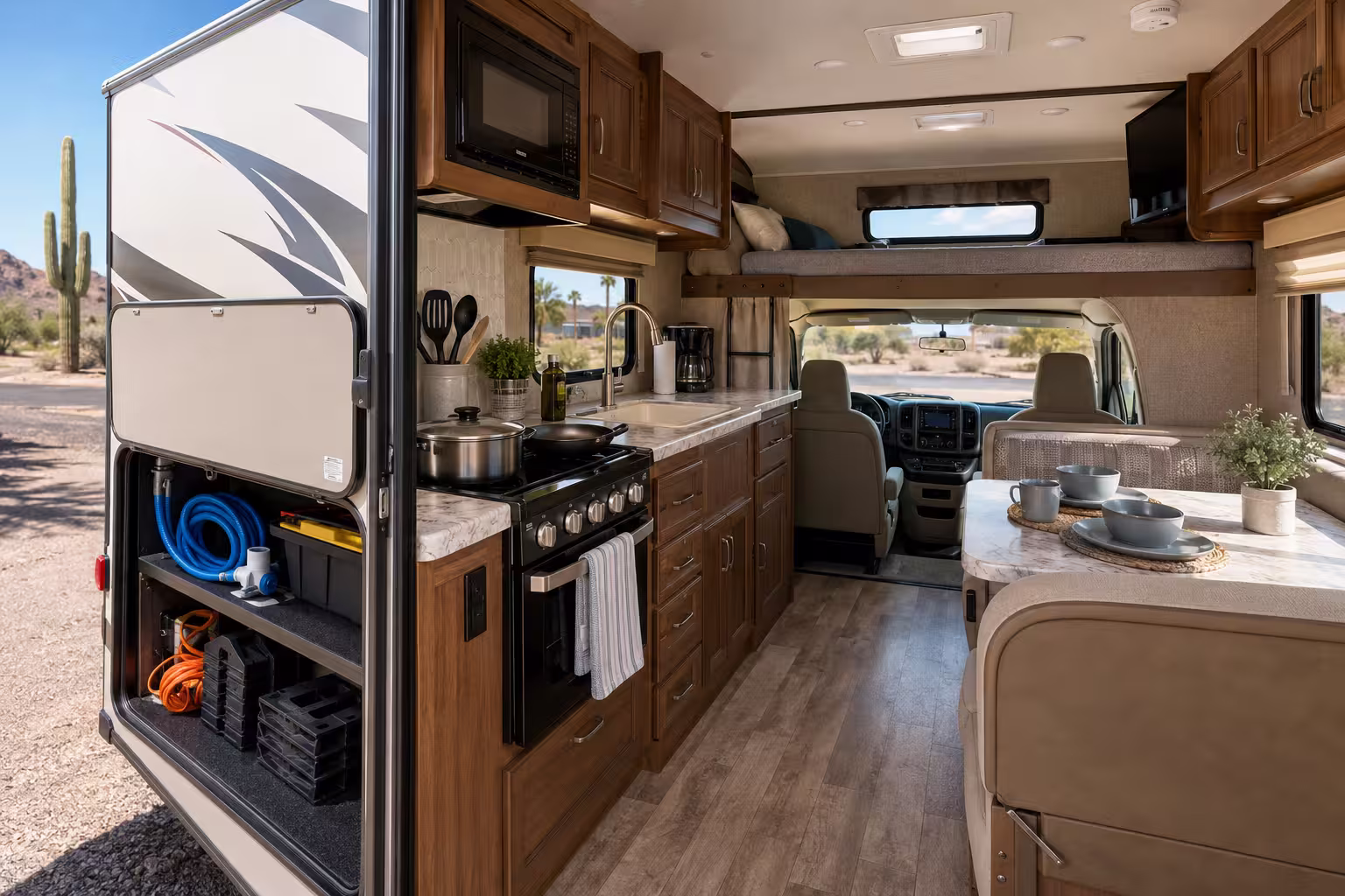 Interior of a rental-ready Class C motorhome in Phoenix showing kitchen and sleeping layout