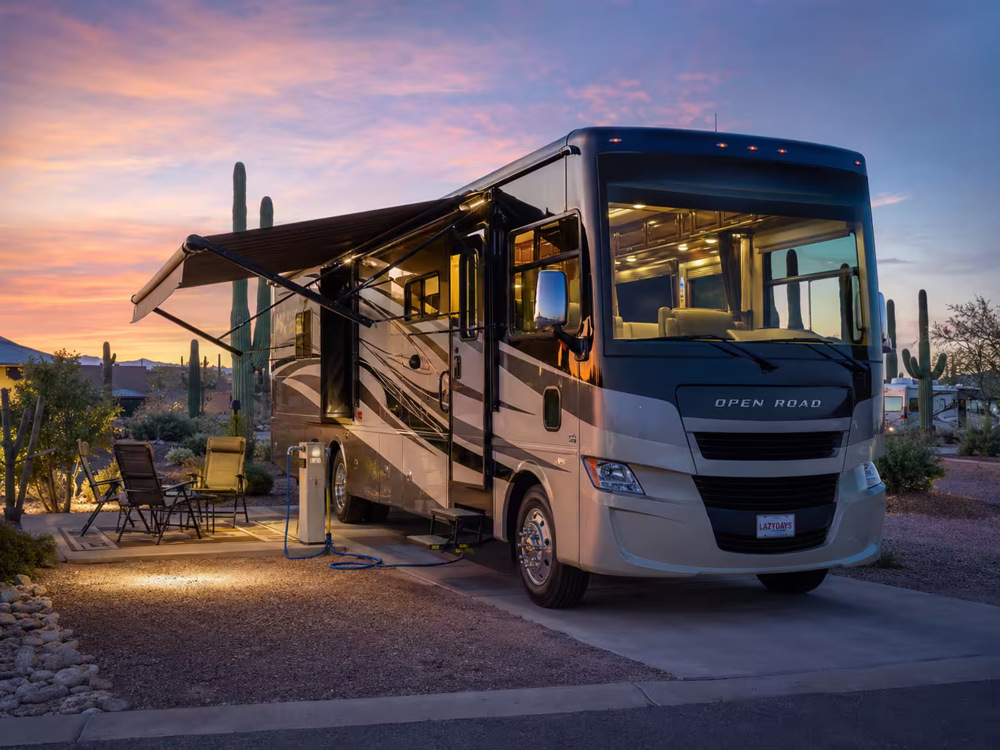 Luxury camper rental parked at Arizona desert RV resort near Phoenix