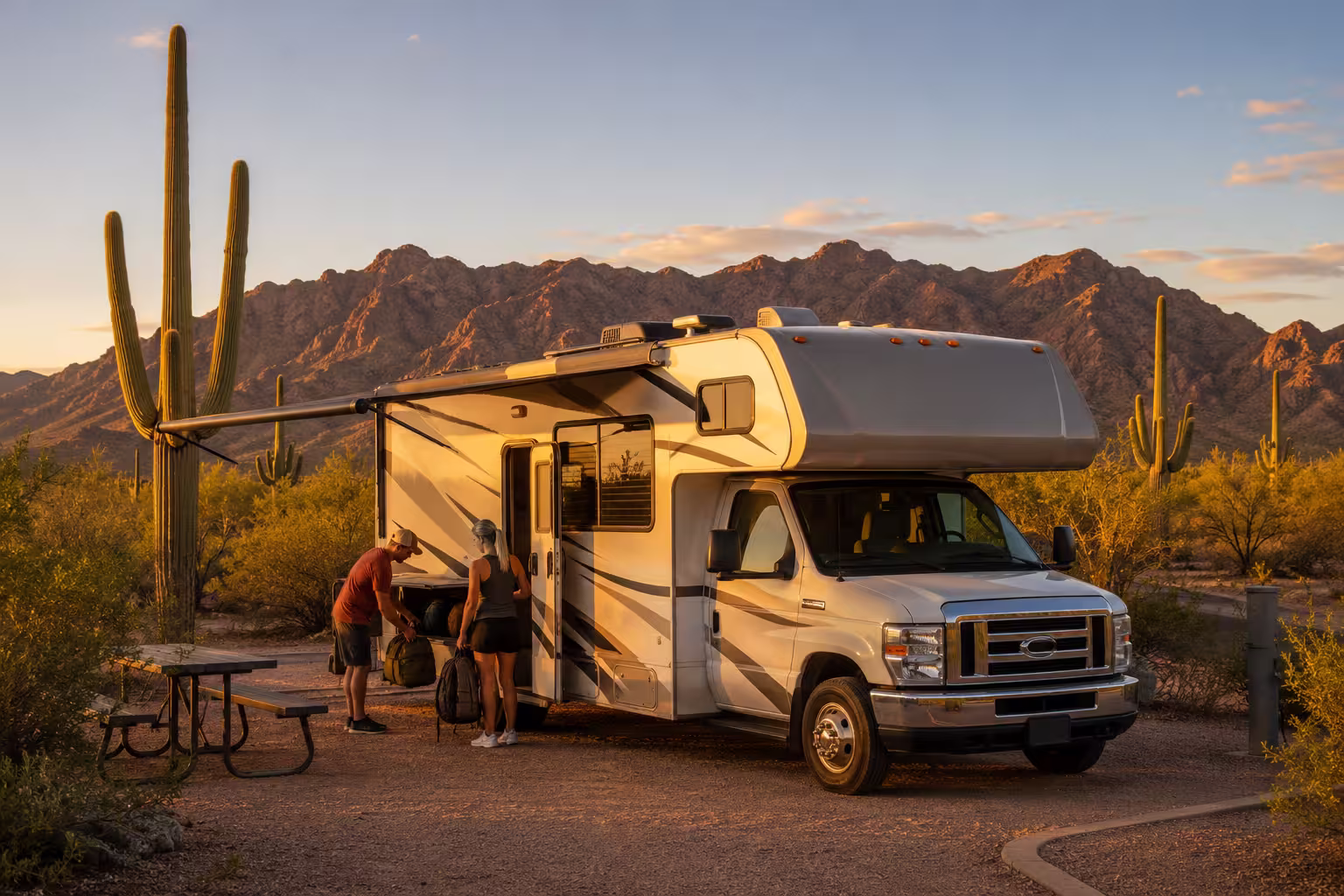 Class C motorhome at a Phoenix desert RV park before a road trip