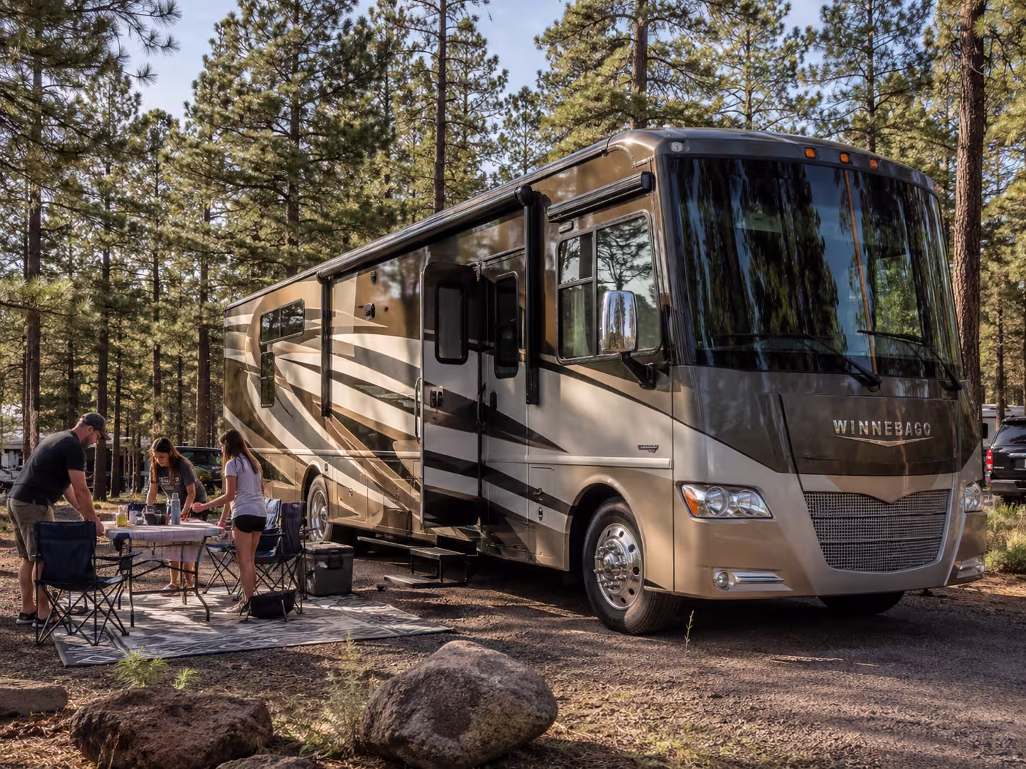Large RV rental set up at a northern Arizona campground