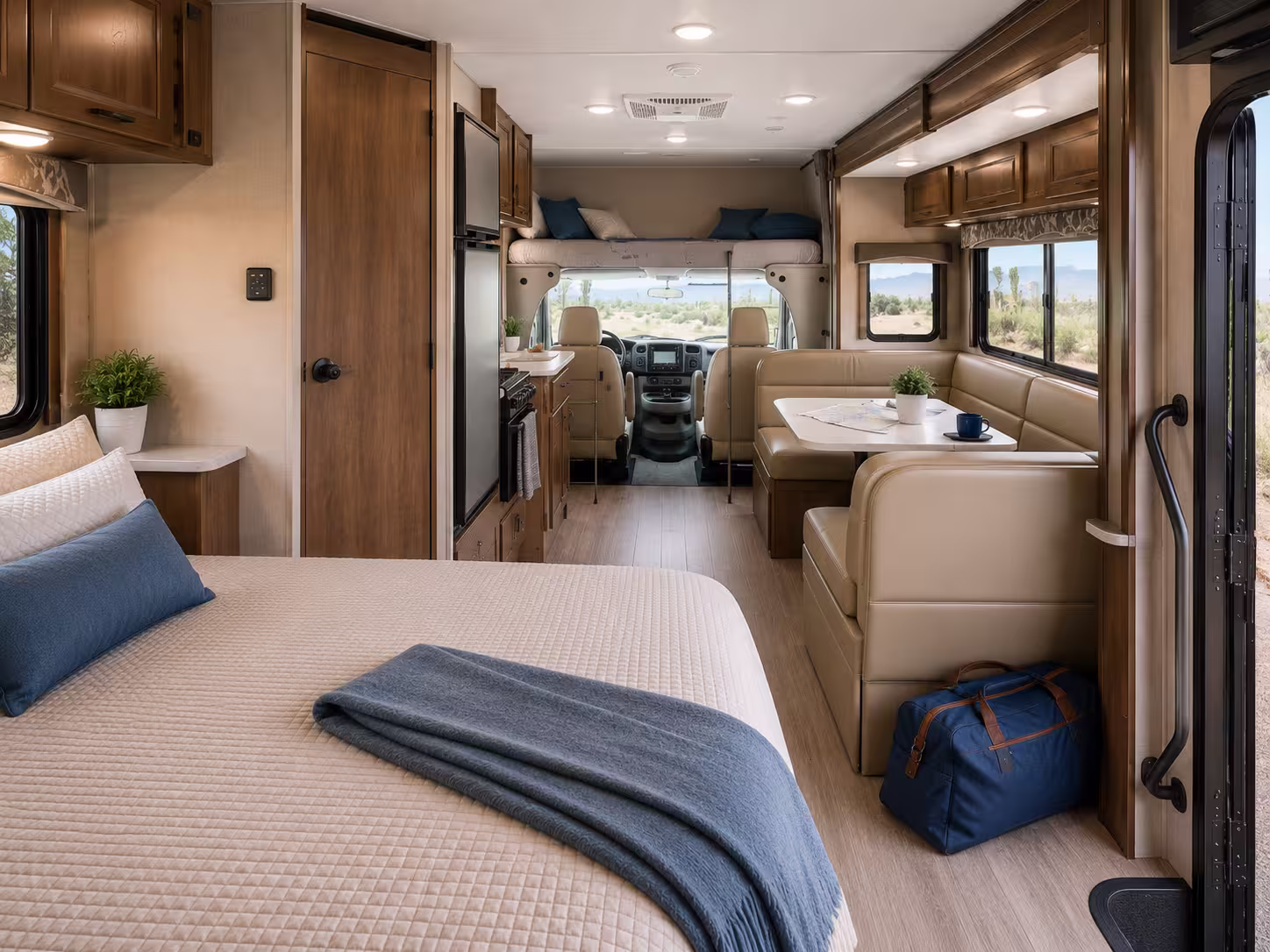 Large RV rental interior with multiple sleeping areas