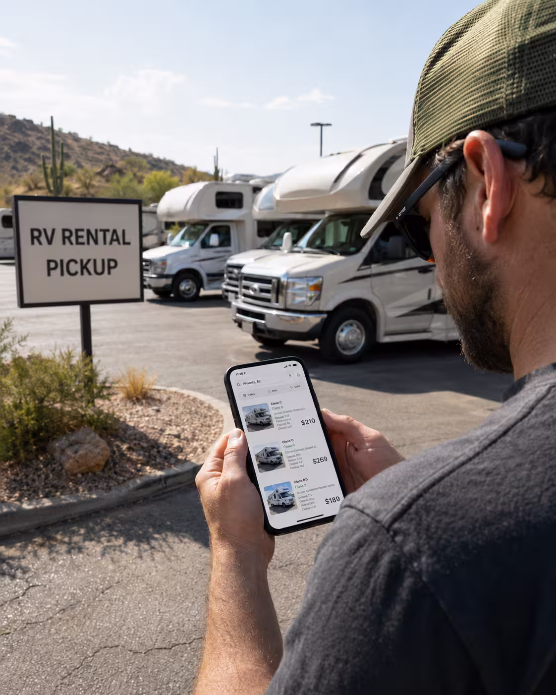 A renter comparing RV rental prices in Phoenix listings