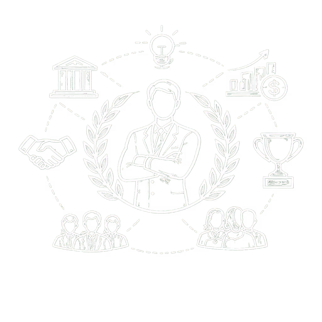 Sketch of the Earth surrounded by icons of handshake, bank building, lightbulb, bar chart with upward arrow, money bundles, and a man and woman in business attire, connected by dotted lines.