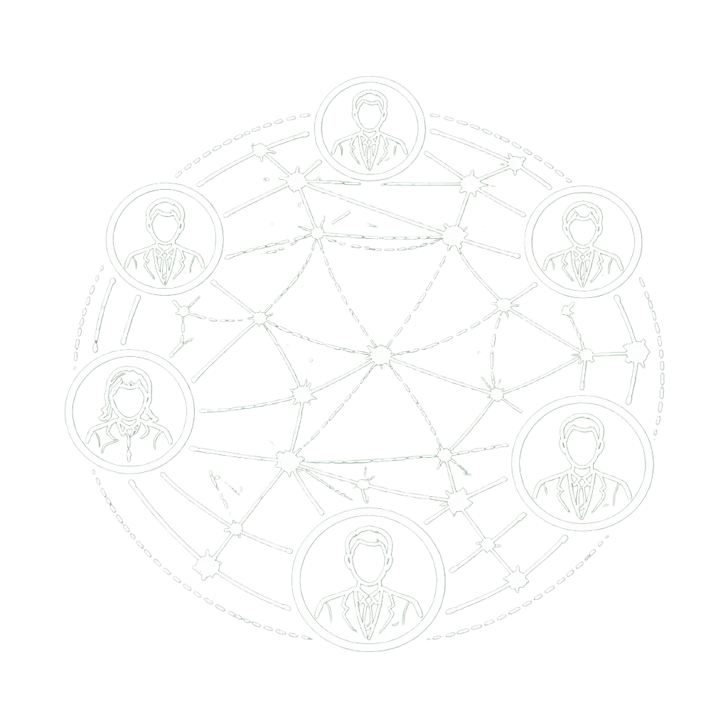 Network of six professional avatars connected by lines and nodes within a circular web.