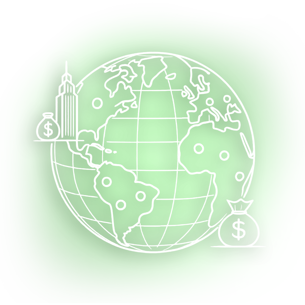 Illustration of a globe with a city building and money bag on the left side, and a money bag on the right side, representing global finance.