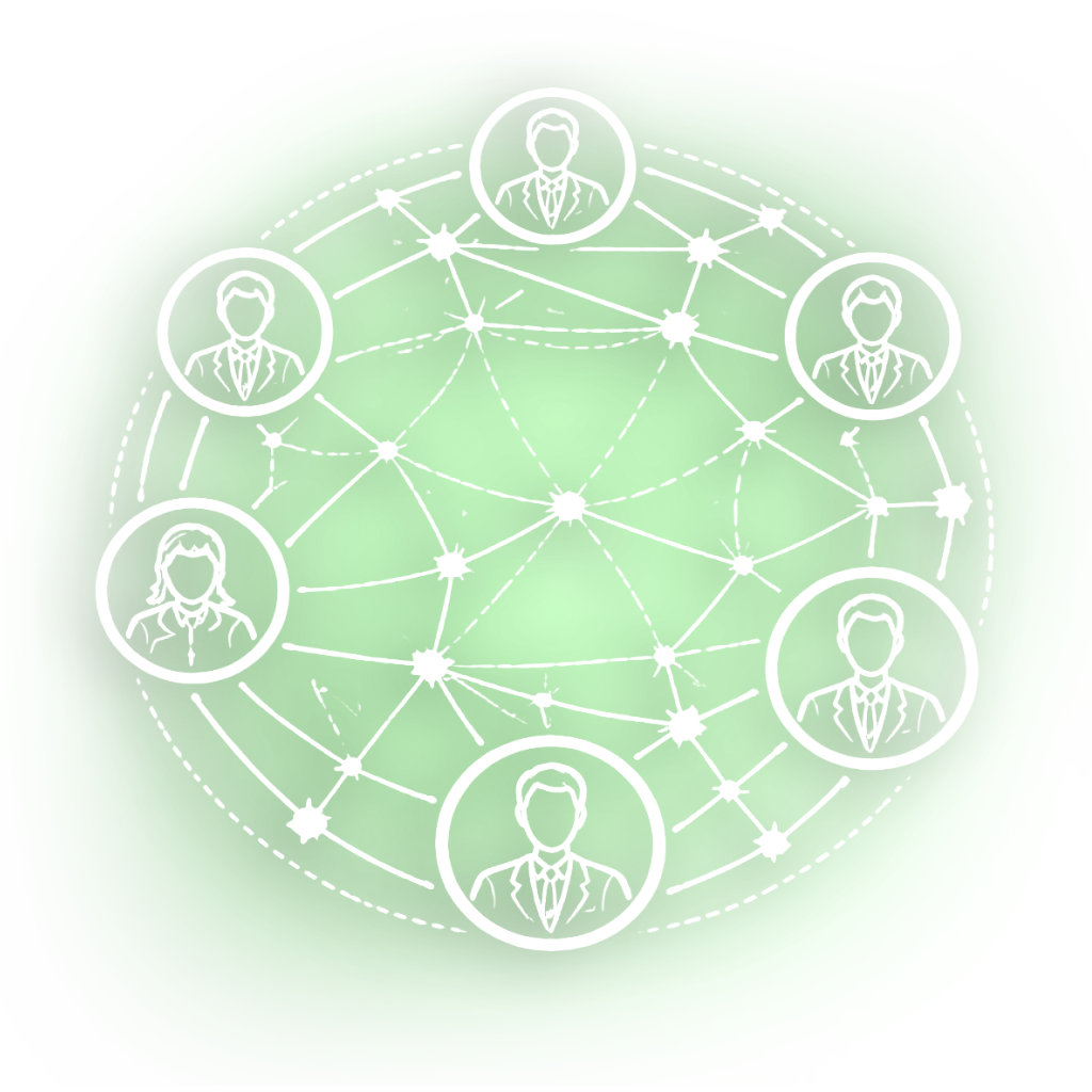 Graphic of interconnected businesspeople icons in a network on a green background.