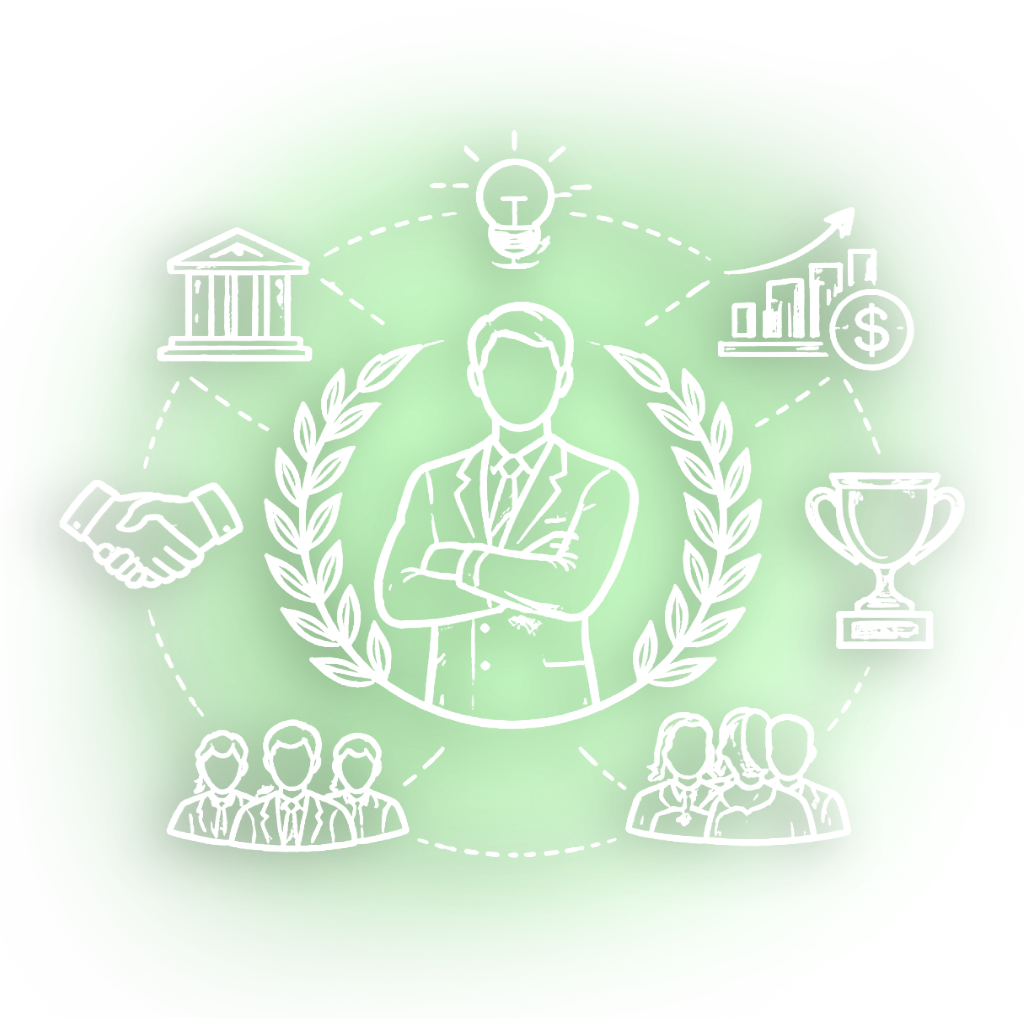 Illustration of a central businessperson surrounded by icons of handshake, institution, lightbulb, growth chart with dollar sign, trophy, and groups of people on a green background.