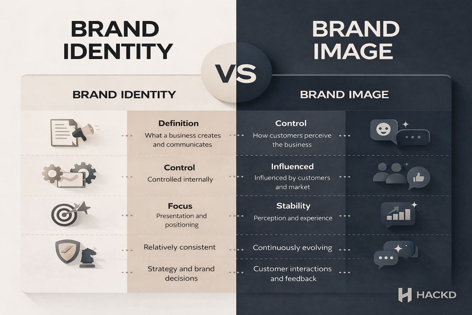 Brand identity vs brand image comparison showing control, perception, focus, and how businesses present vs how customers perceive them