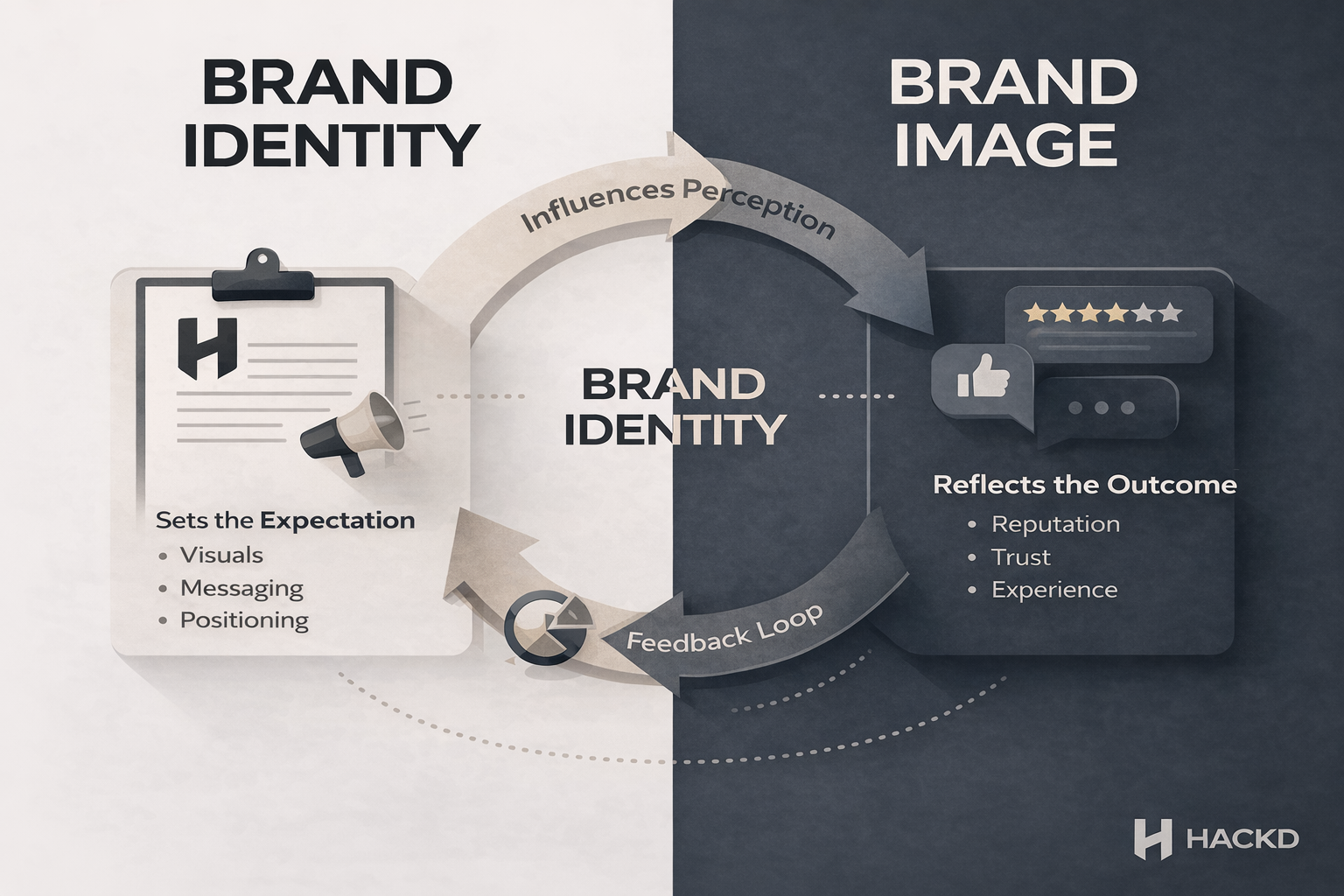 Brand identity vs brand image diagram showing how identity sets expectations and image reflects reputation, trust, and customer experience