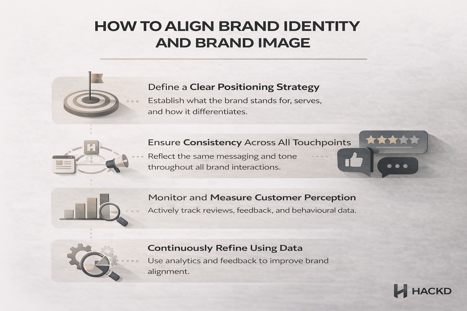 Steps to align brand identity and brand image including positioning, consistency, customer perception tracking, and data-driven refinement