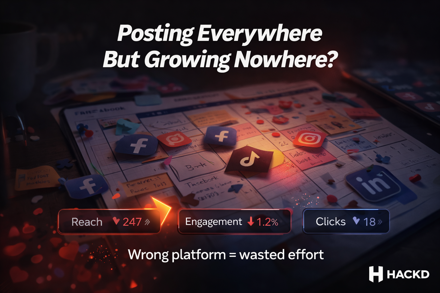 Social media icons on the calendar show low reach and engagement, highlighting poor platform choice and wasted effort