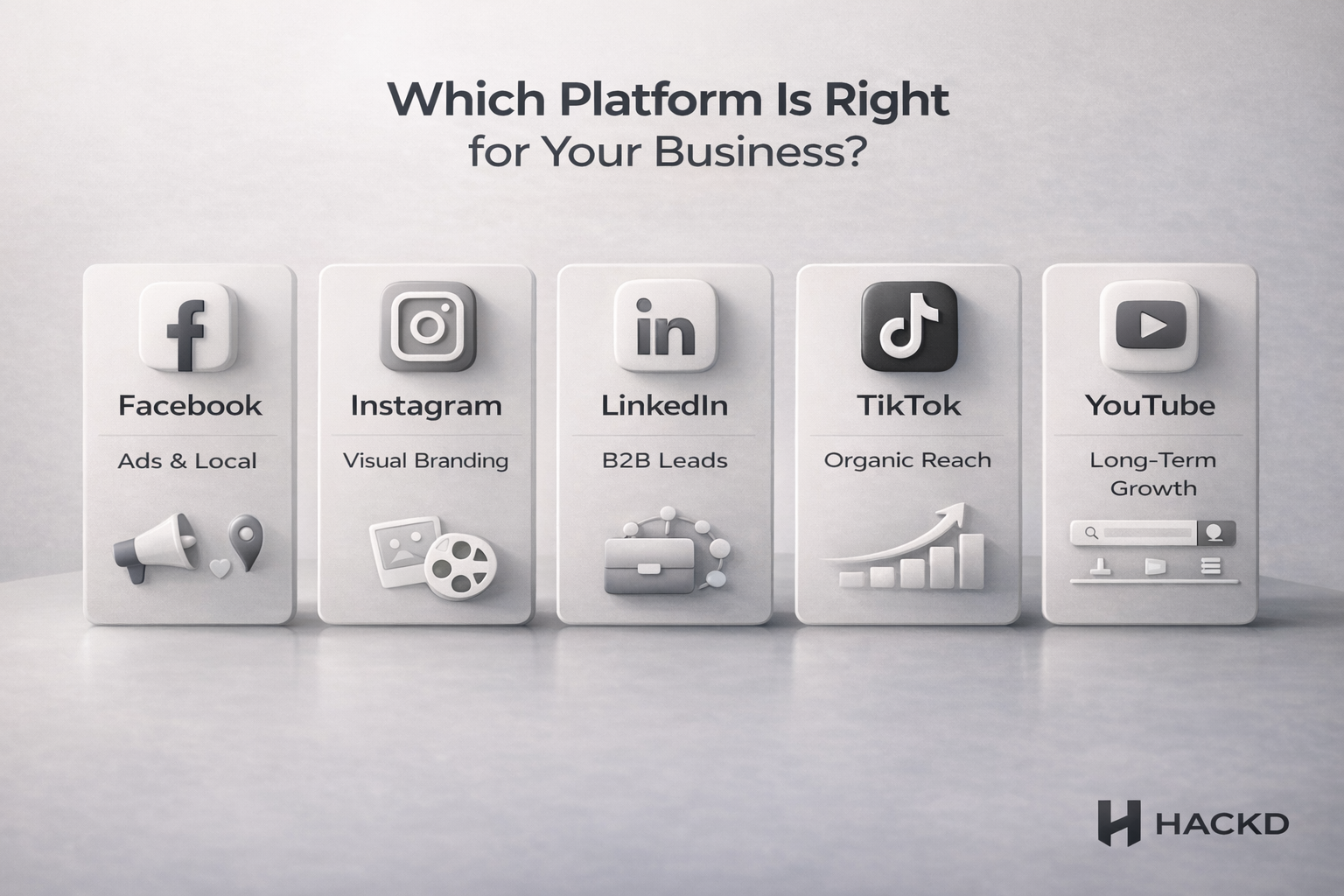 Icons showing Facebook, Instagram, LinkedIn, TikTok and YouTube with key benefits for choosing the right business platform
