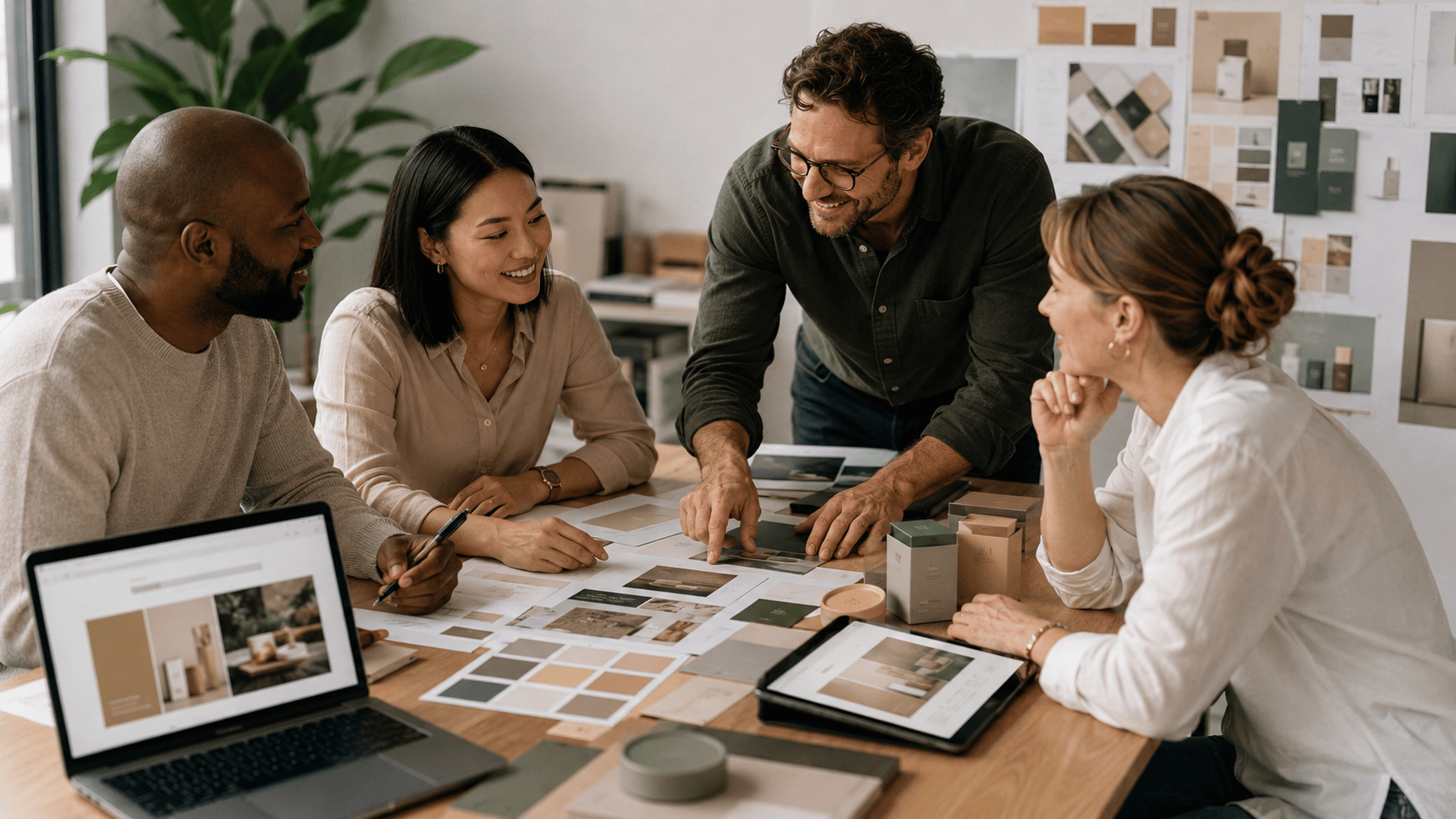 Business team reviewing brand strategy, colour palettes and digital designs in a modern studio