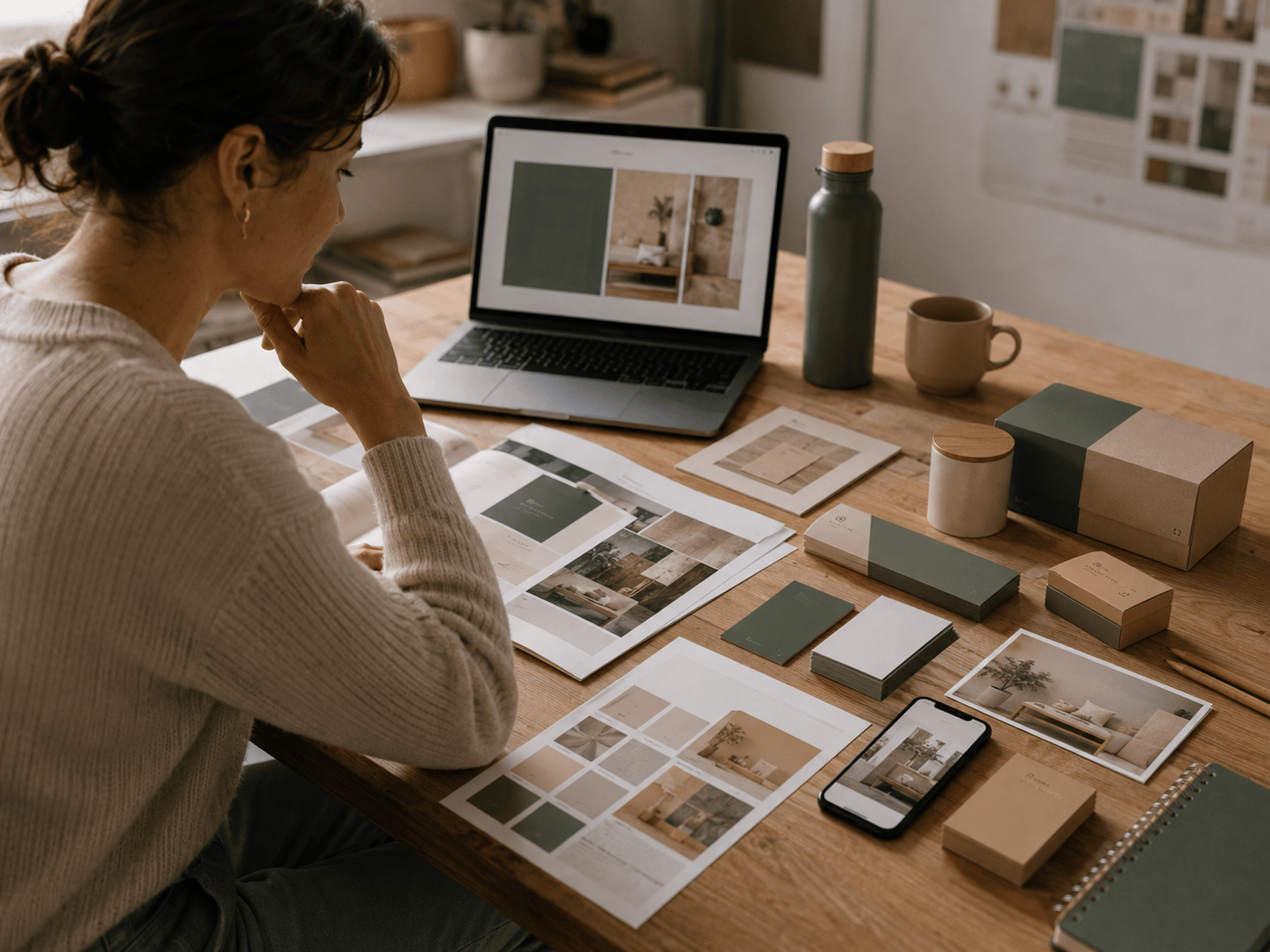 Designer reviewing cohesive brand materials, packaging, website mockups and colour swatches