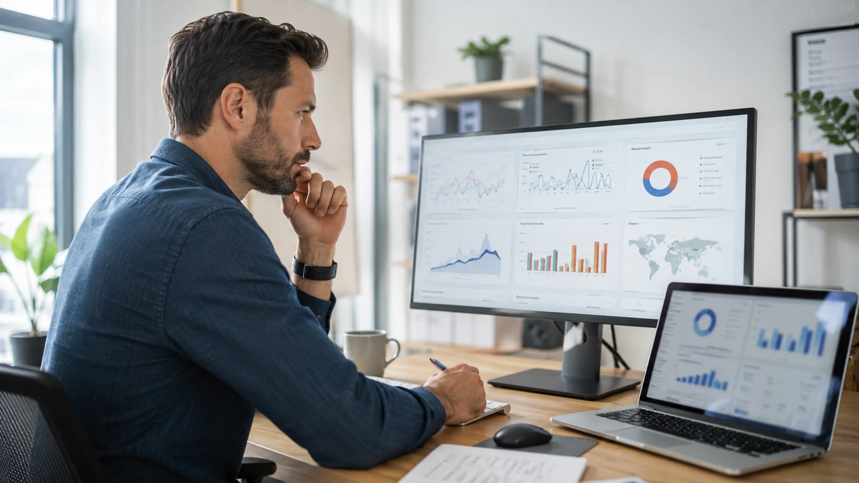 Business owner reviewing marketing dashboards and sales data to identify why business growth has stalled 
