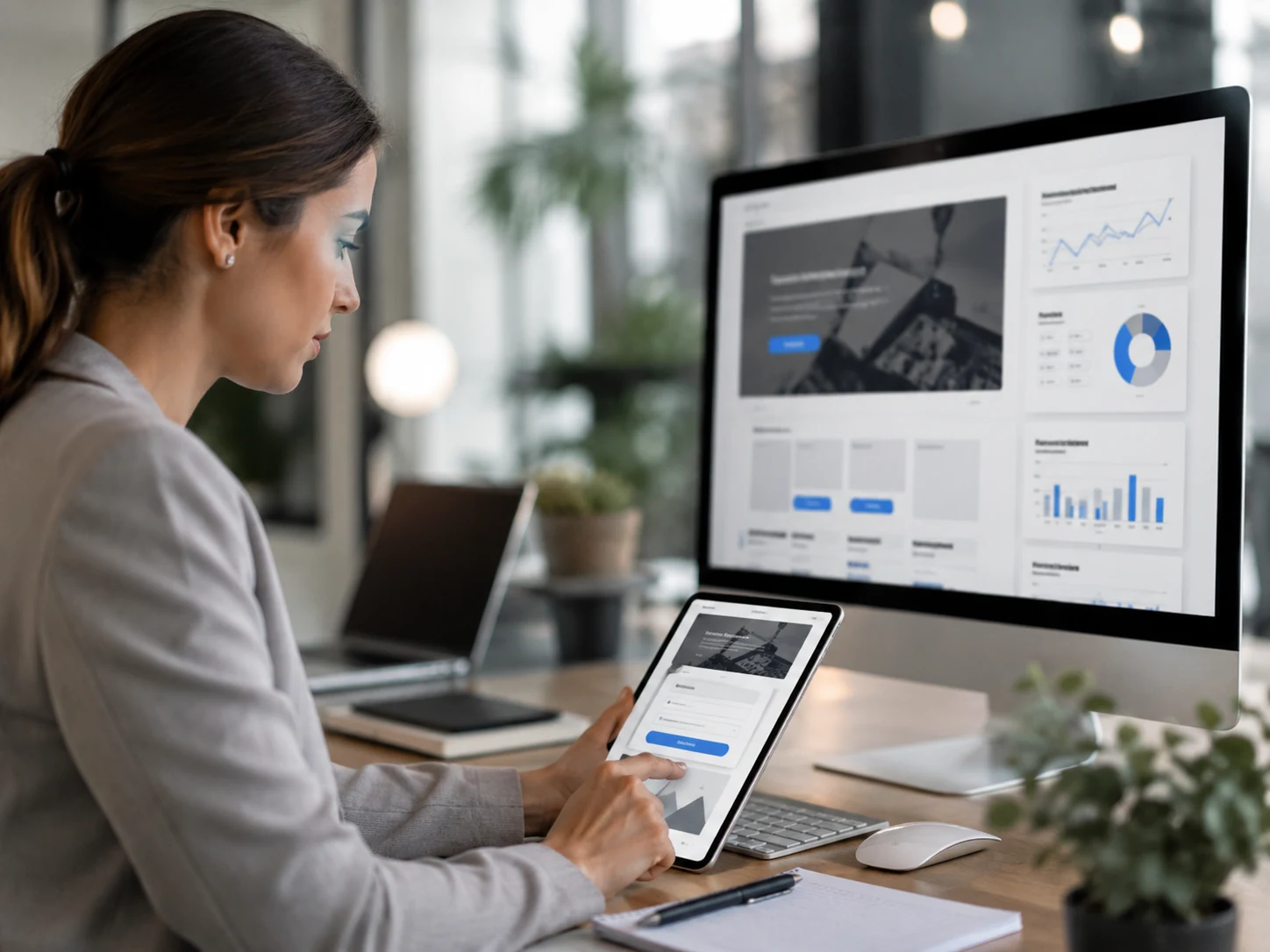 UX specialist reviewing a landing page on desktop and tablet to improve website conversion performance 