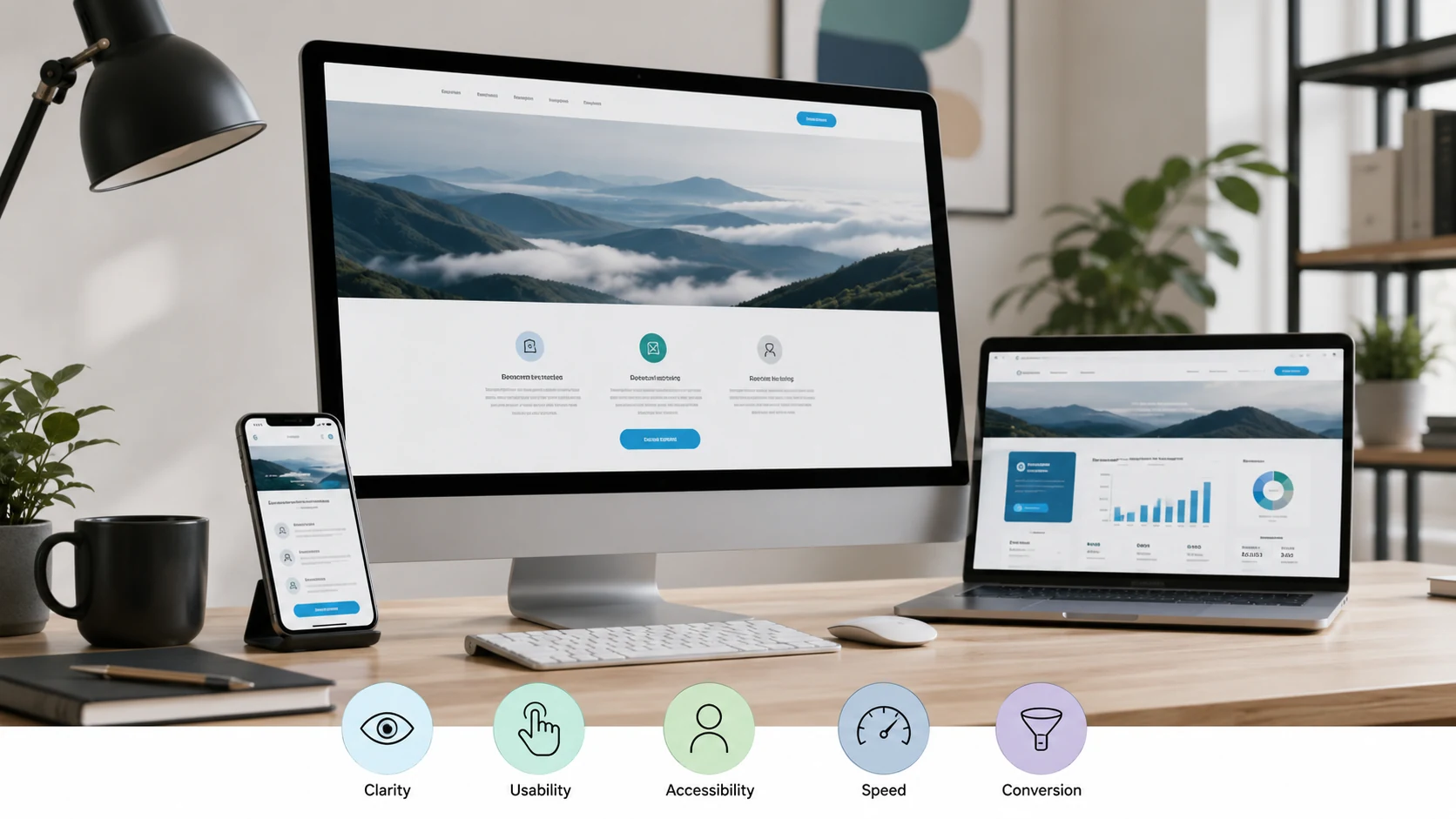 Responsive high-performing website displayed across desktop, laptop and mobile devices with clear UX design elements. 