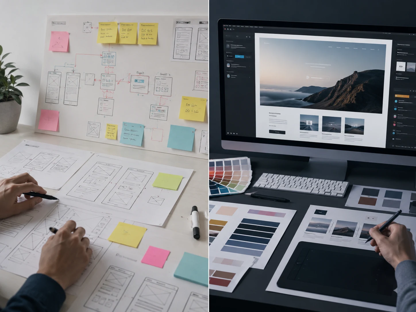 UX wireframes and user journey planning beside a polished website interface and visual design workspace.