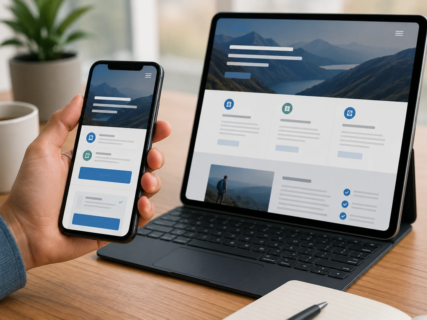 Mobile-optimised website displayed on a smartphone and tablet with readable content and touch-friendly controls.